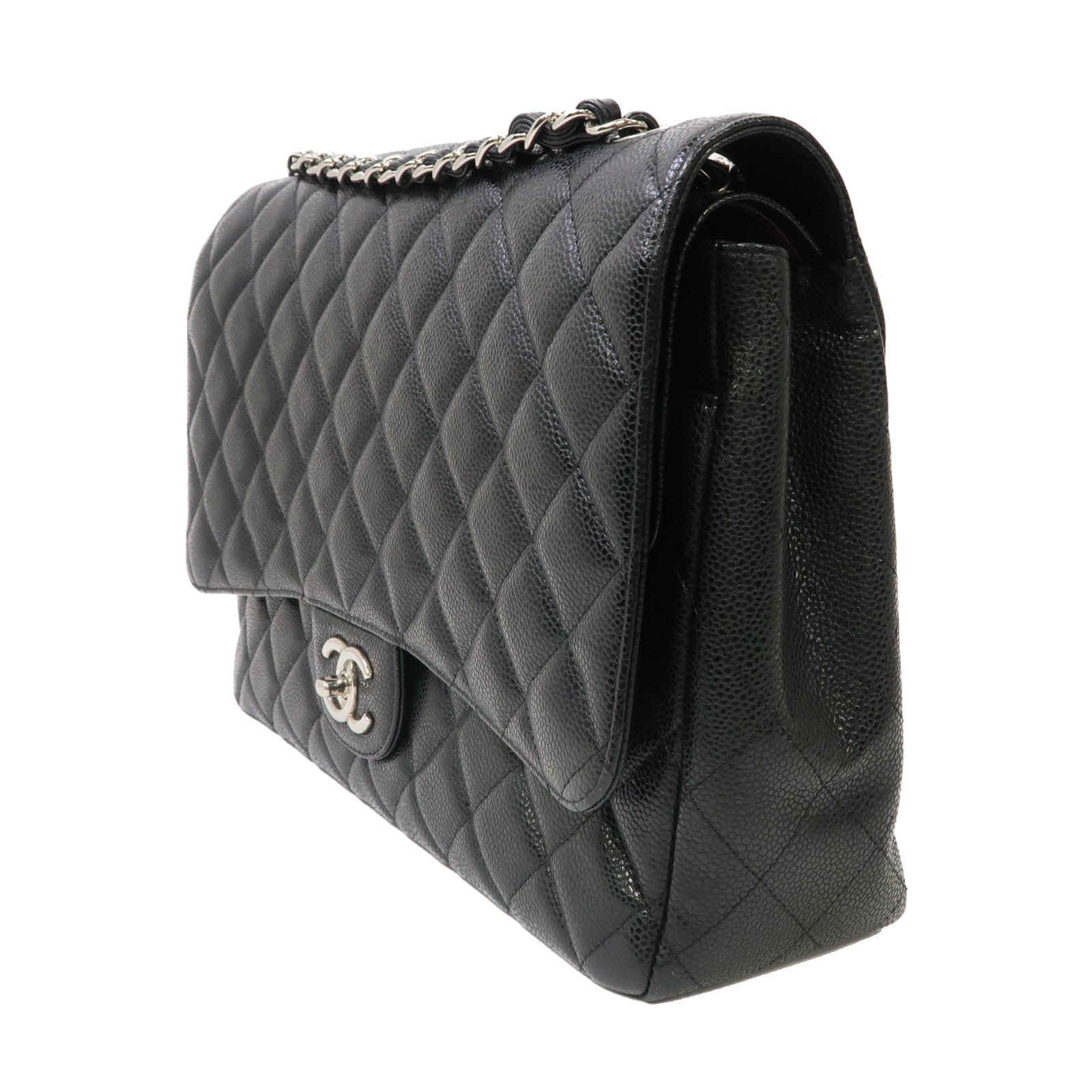 CHANEL 【激減優惠】菱格牛皮皮革Maxi Jumbo銀扣鏈帶肩背袋黑色