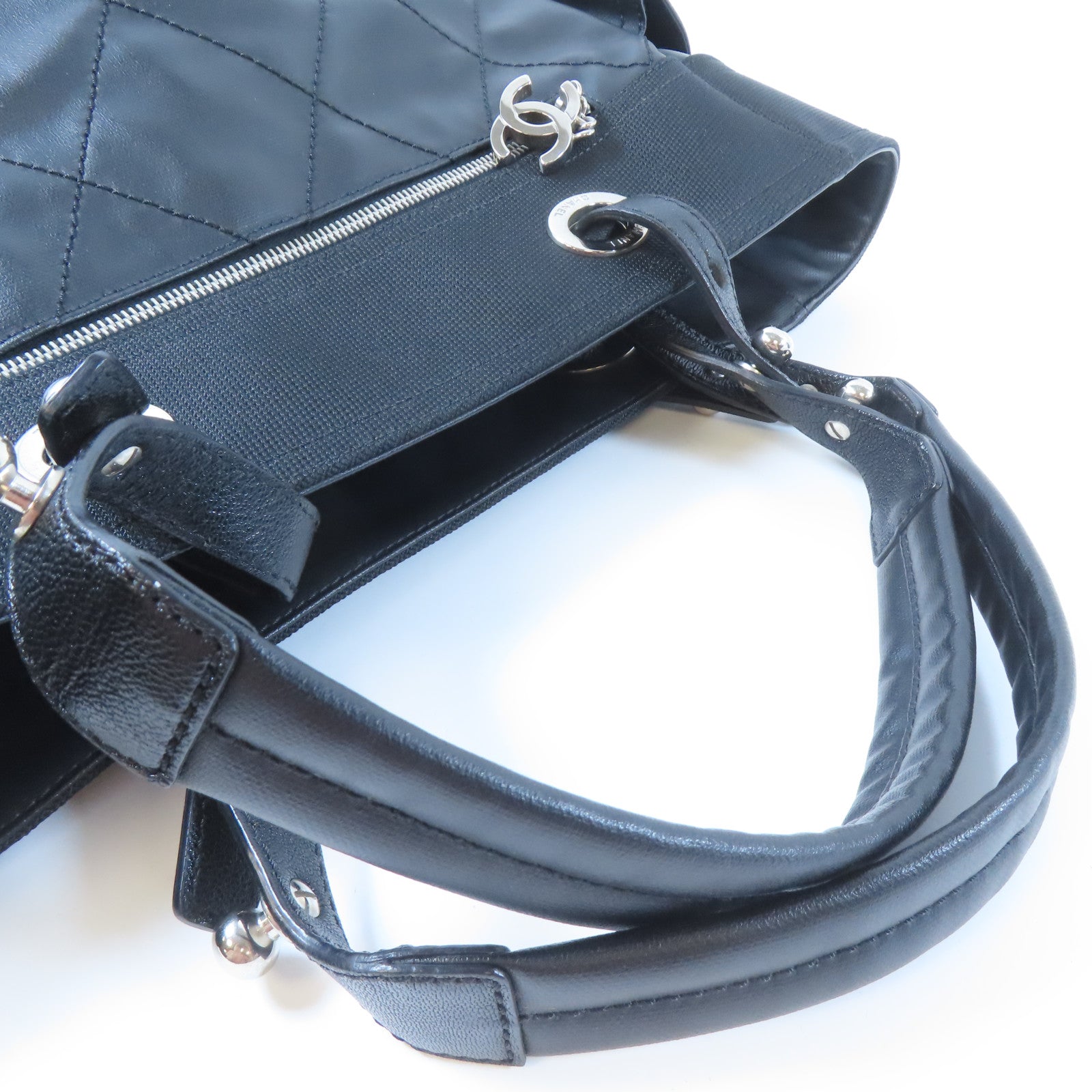 CHANEL 塗層帆布Tote Bag銀扣手挽袋黑色