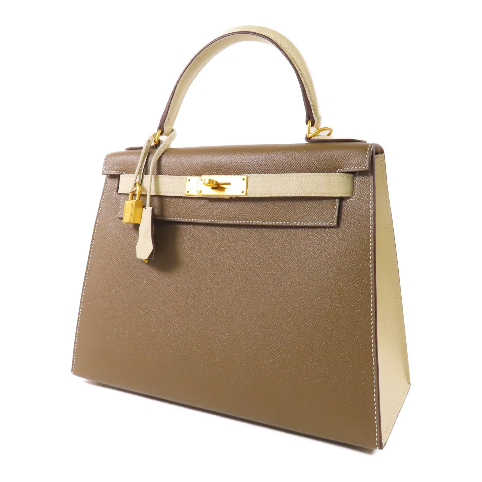 HERMES Epsom皮革Kelly 28金扣手挽肩背兩用袋18 Etoupe/Cream