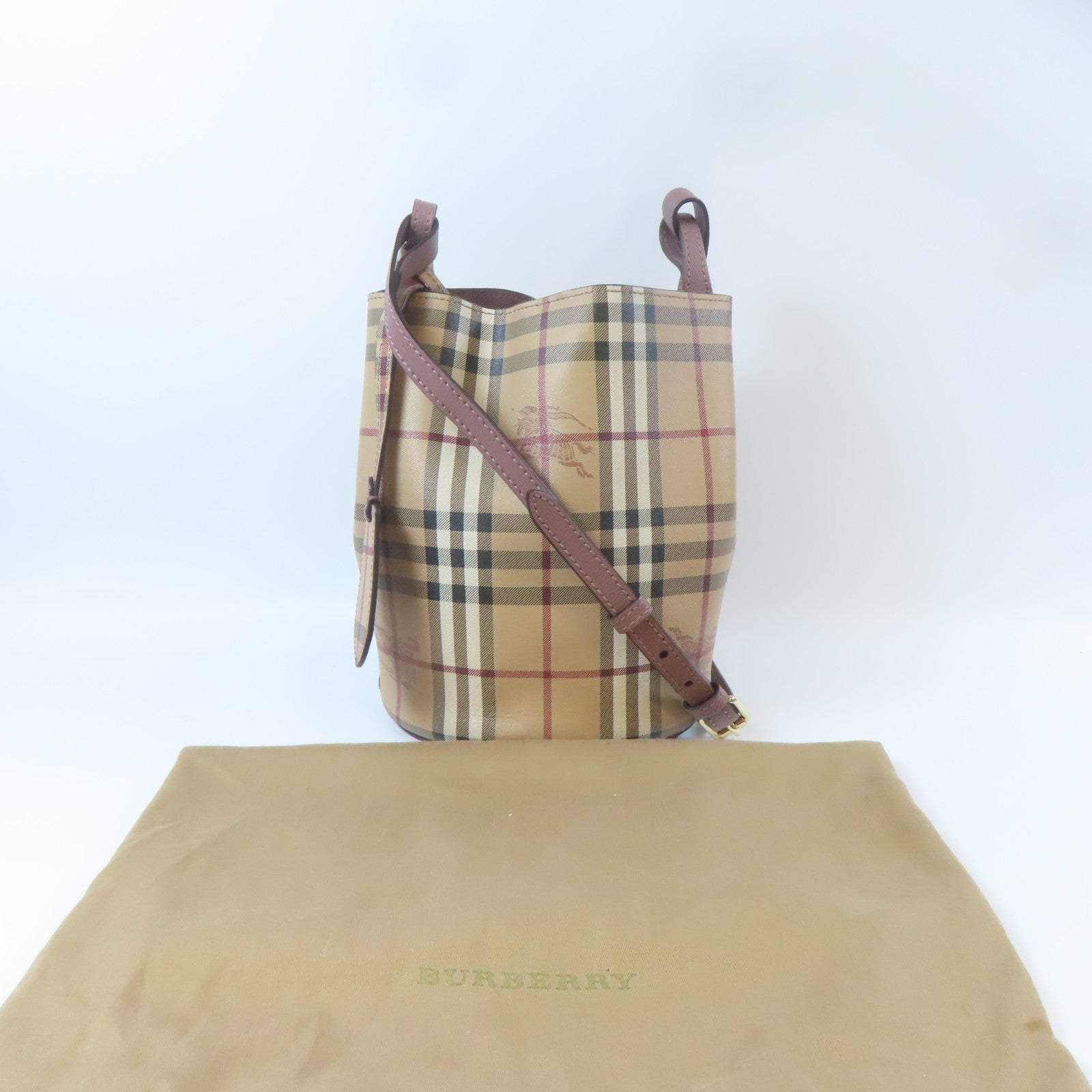 BURBERRY 塗層帆布Check Bucket金扣肩背袋卡其色