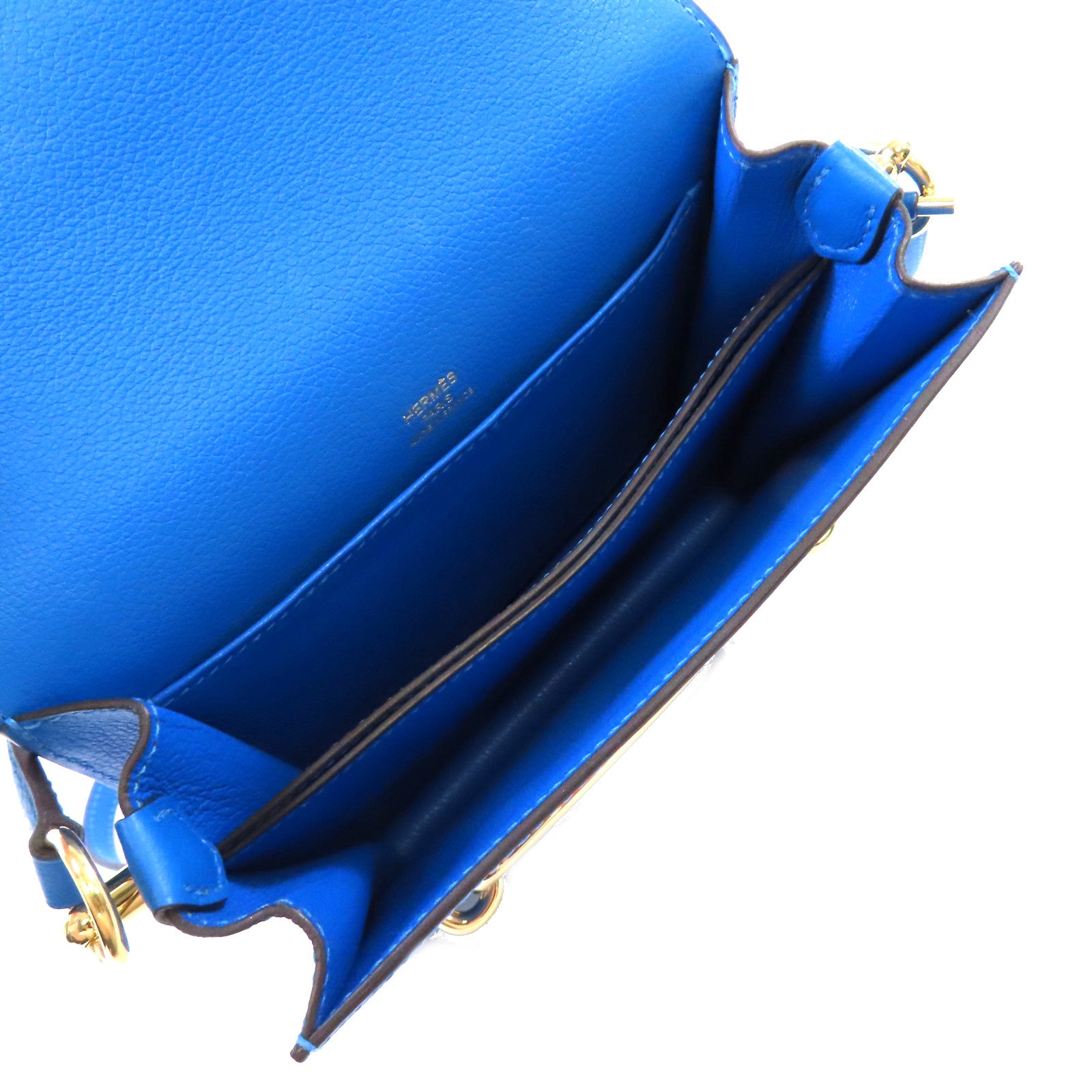 HERMES Evercolour皮革Mini Roulis Shoulder Bag金扣肩背袋T7 Bleu Saphir/寶石藍色
