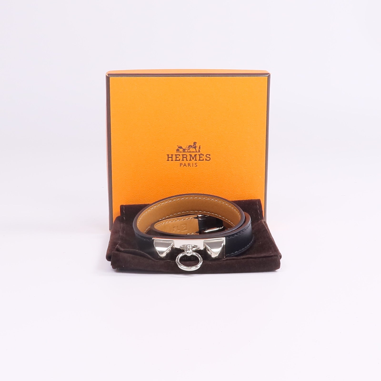 HERMES Chamonix皮革Rivale Double Tour Bracelet銀扣手帶Noir