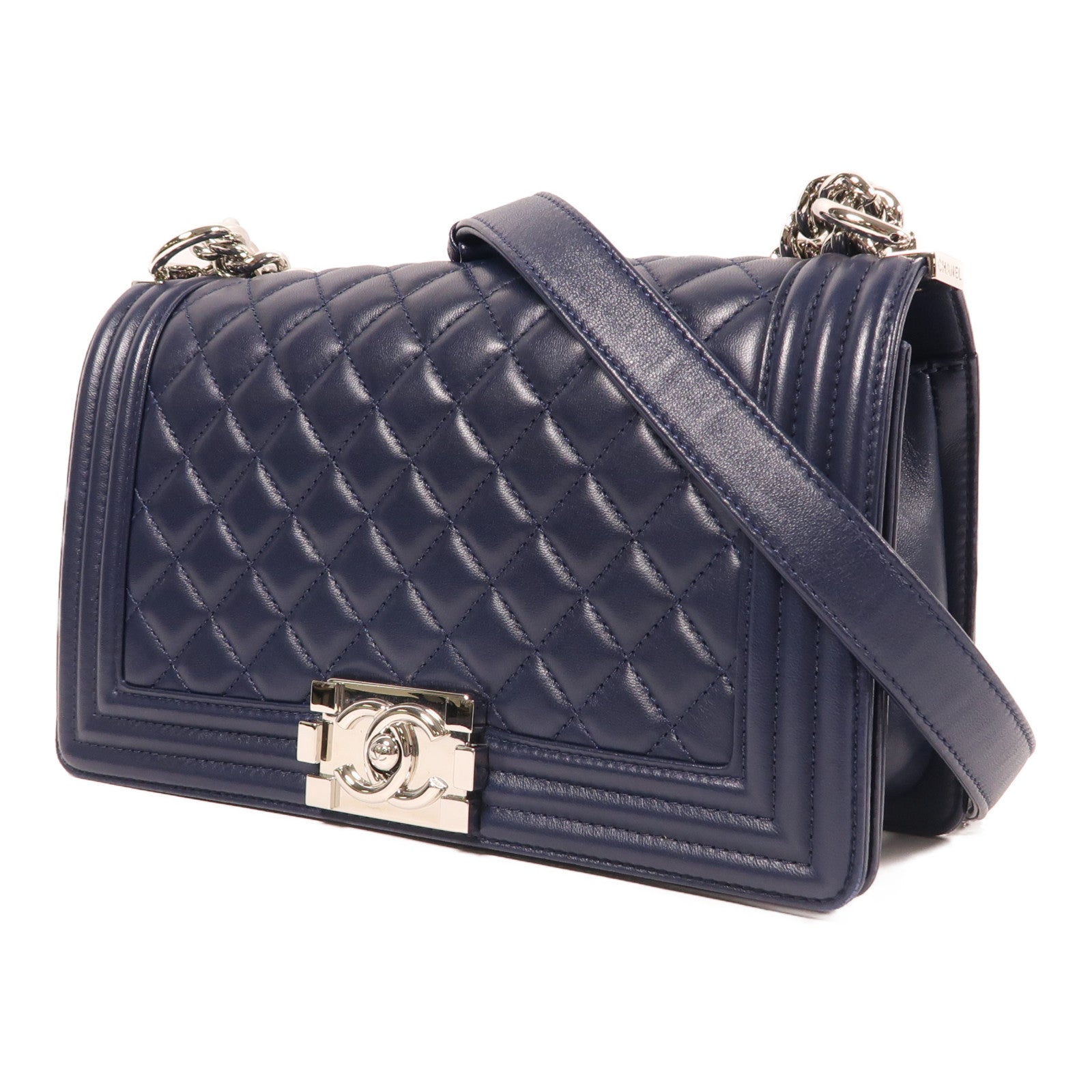 CHANEL 羊皮皮革Boy Chanel銀扣鏈帶肩背袋深藍色
