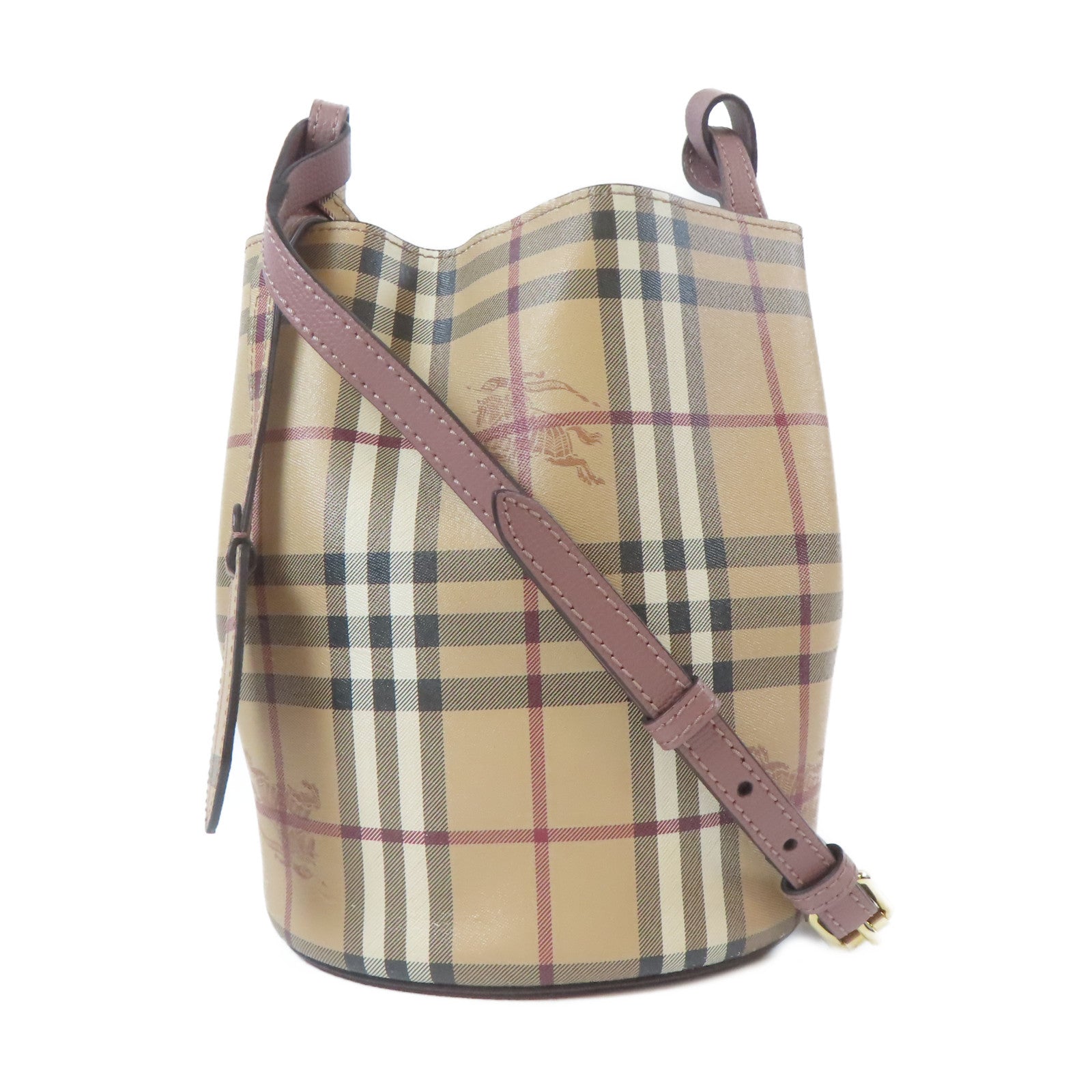 BURBERRY 塗層帆布Check Bucket金扣肩背袋卡其色