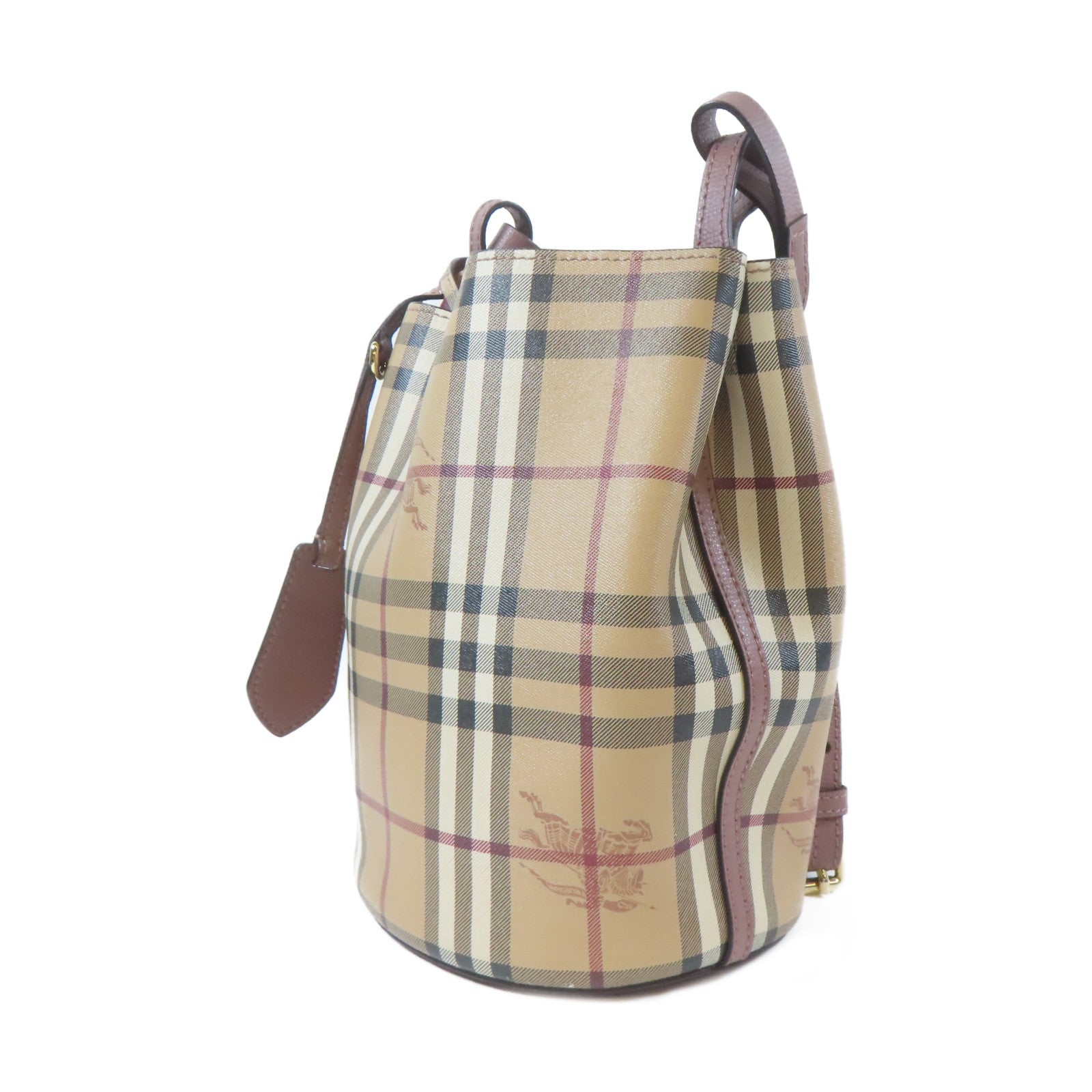 BURBERRY 塗層帆布Check Bucket金扣肩背袋卡其色