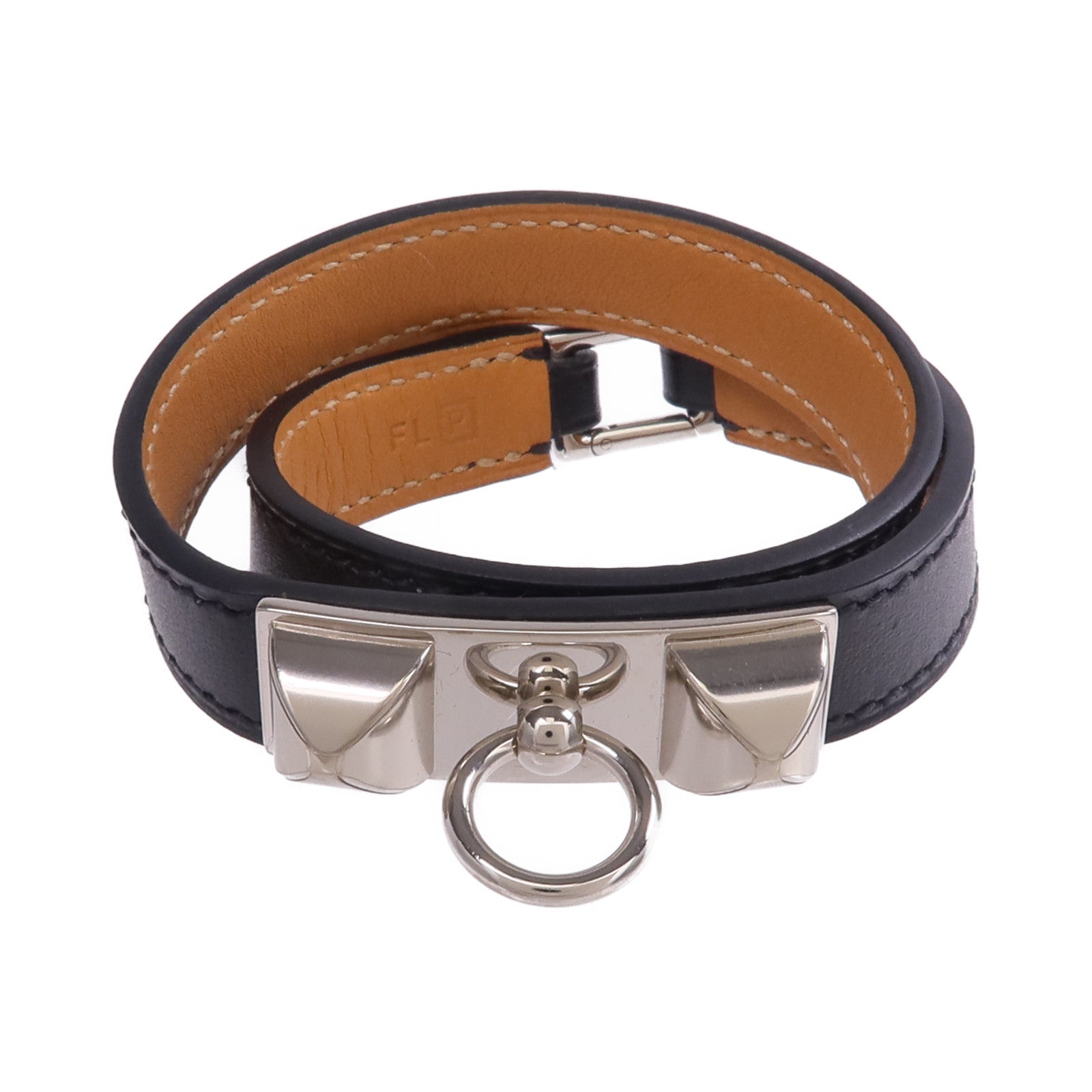 HERMES Chamonix皮革Rivale Double Tour Bracelet銀扣手帶Noir