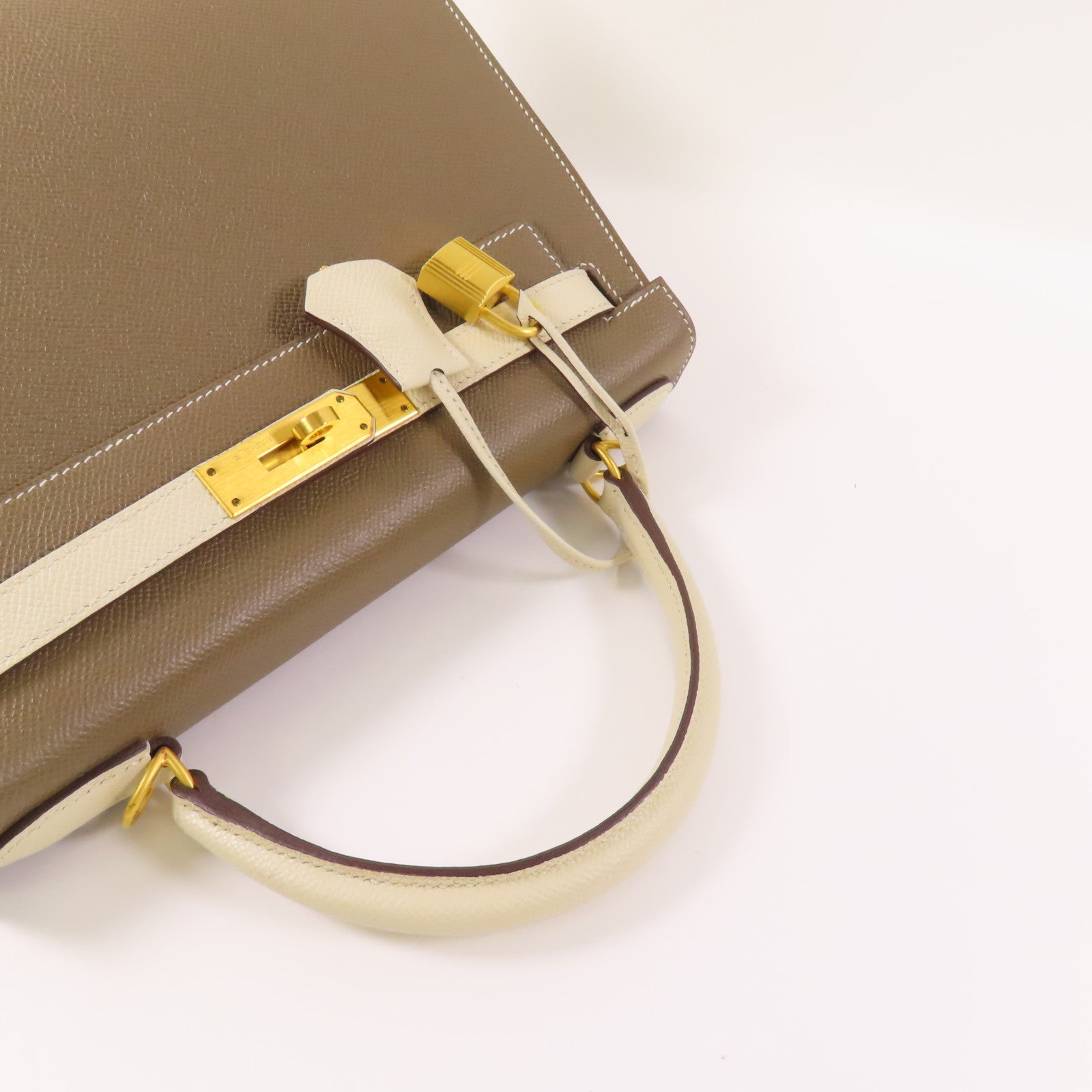 HERMES Epsom皮革Kelly 28金扣手挽肩背兩用袋18 Etoupe/Cream