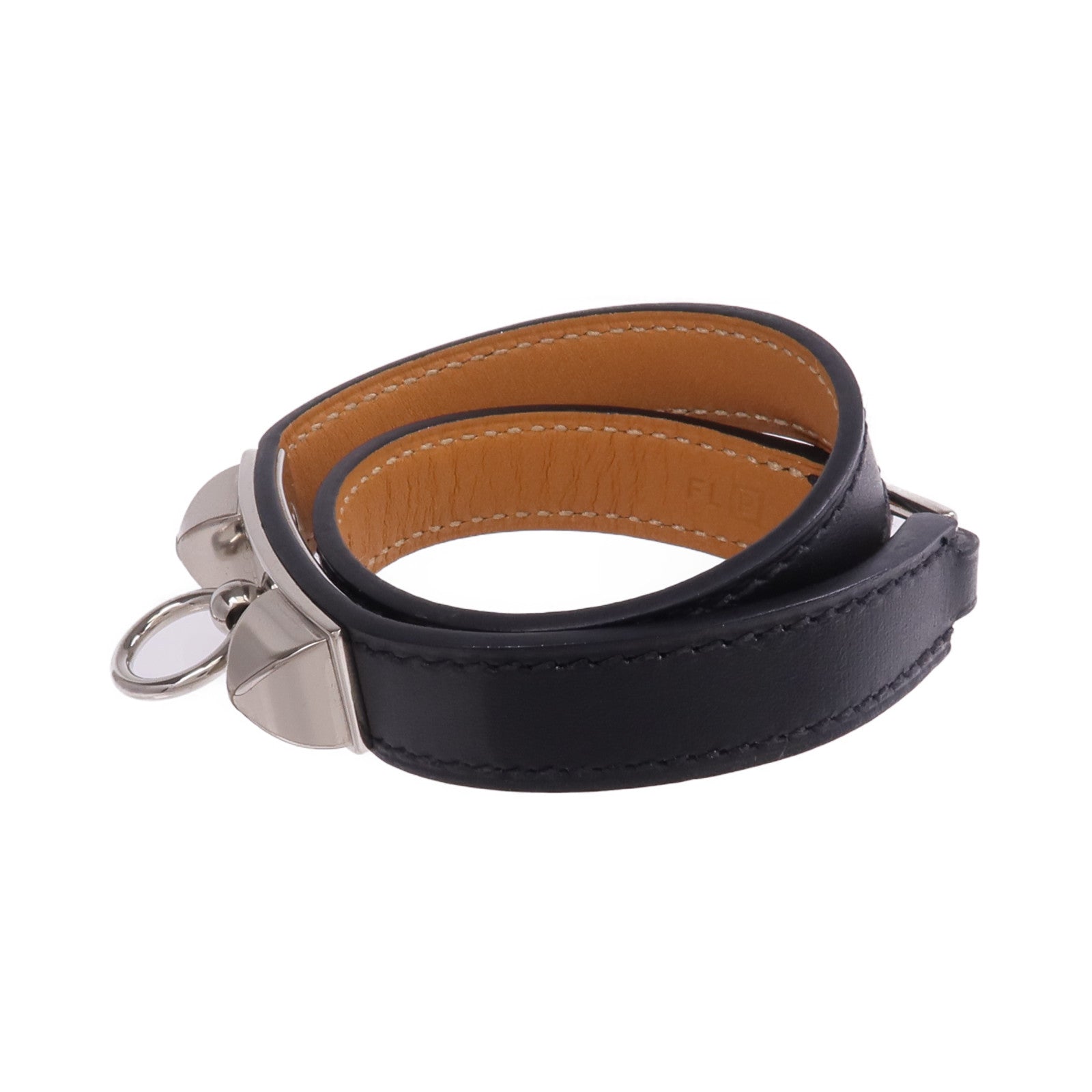 HERMES Chamonix皮革Rivale Double Tour Bracelet銀扣手帶Noir