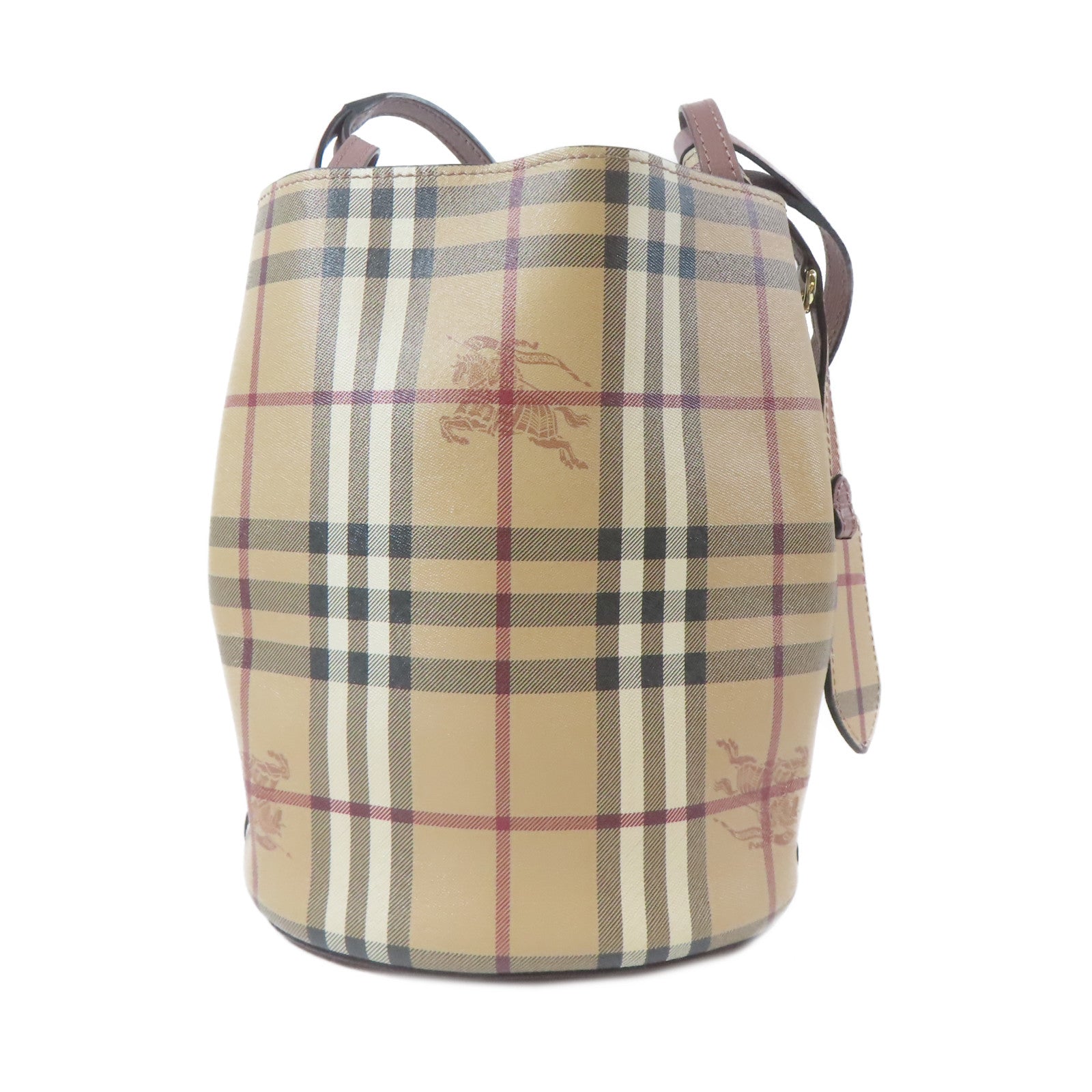 BURBERRY 塗層帆布Check Bucket金扣肩背袋卡其色