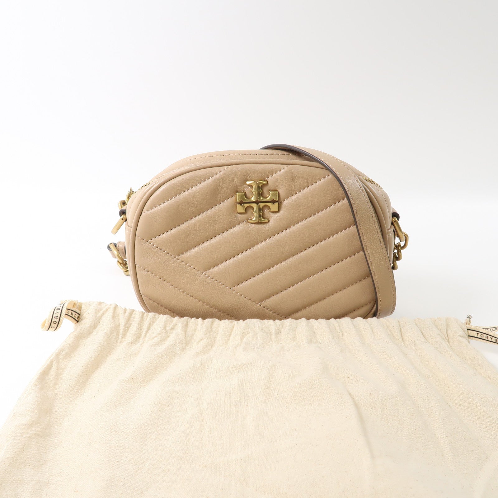 TORY BURCH GHW Kira Chevron Camera Shoulder Bag 152353 Calfskin Leather Beige