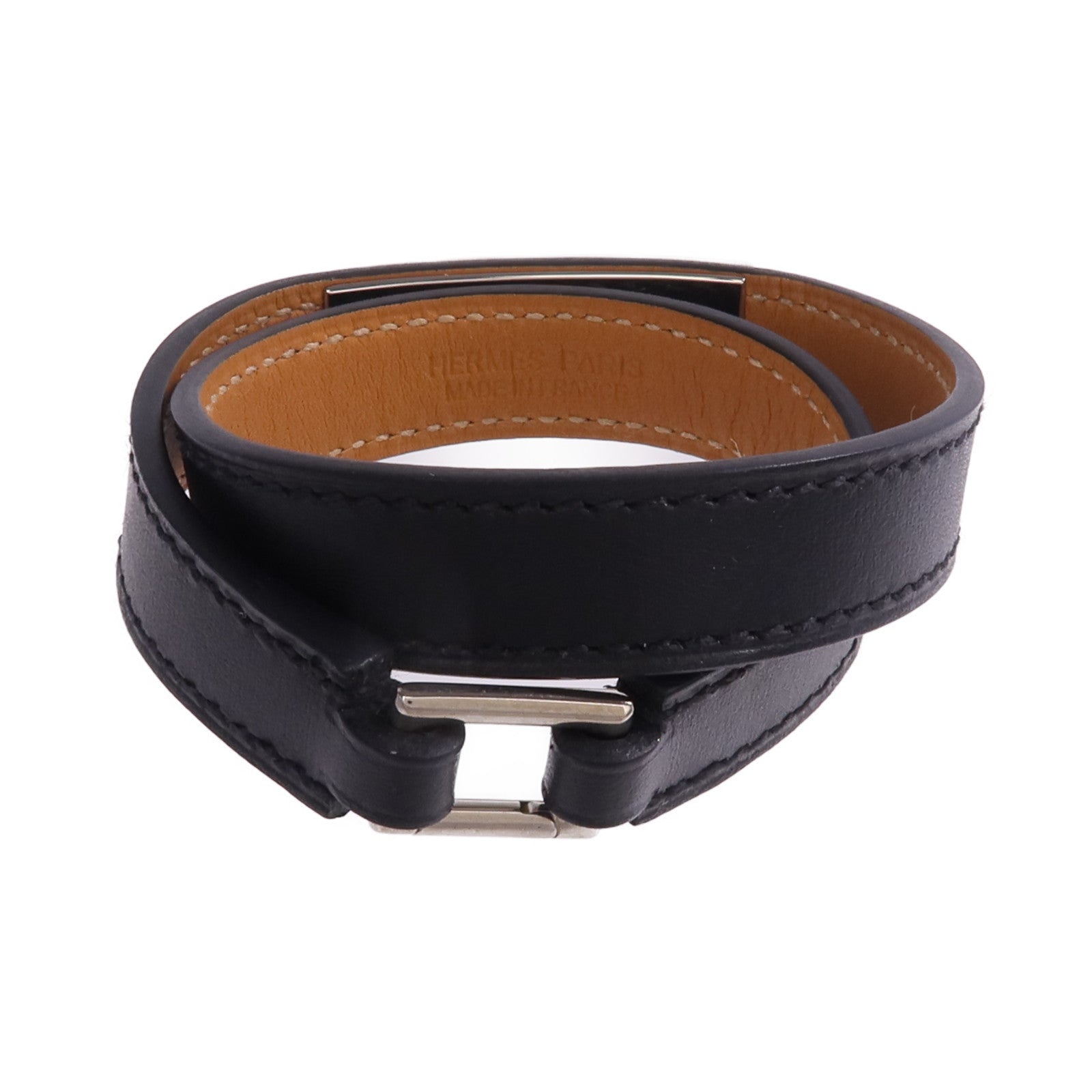 HERMES Chamonix皮革Rivale Double Tour Bracelet銀扣手帶Noir