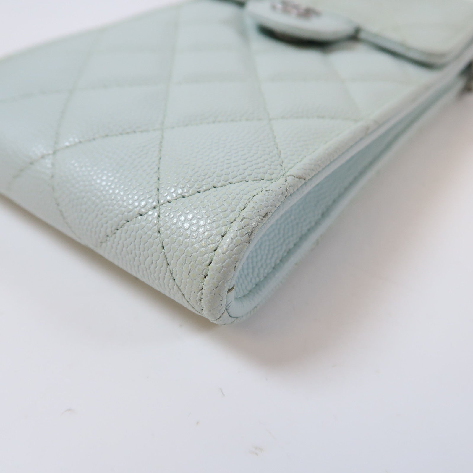 CHANEL 【激減優惠】菱格牛皮皮革Phone Bag銀扣鏈帶肩背袋淺綠色