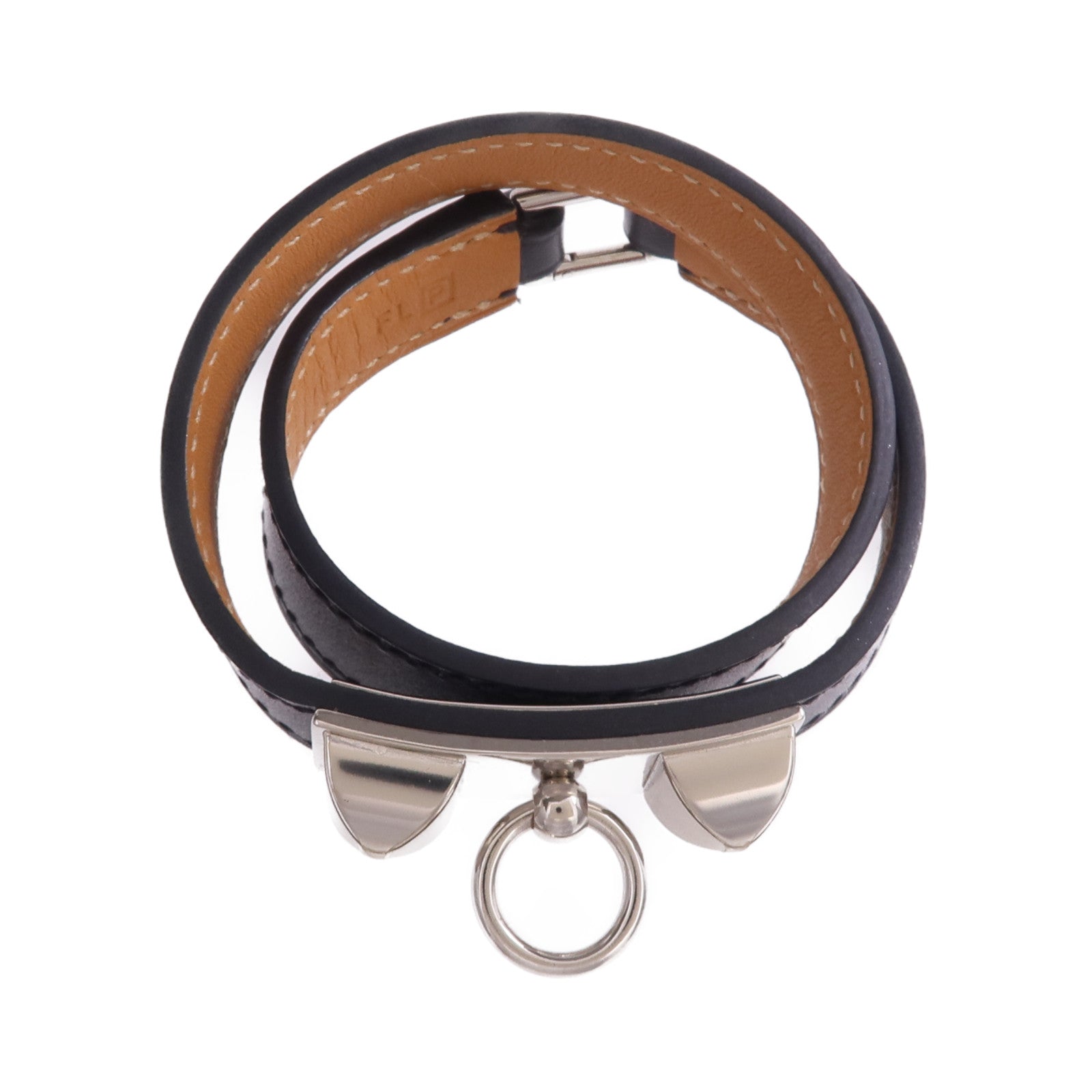 HERMES Chamonix皮革Rivale Double Tour Bracelet銀扣手帶Noir