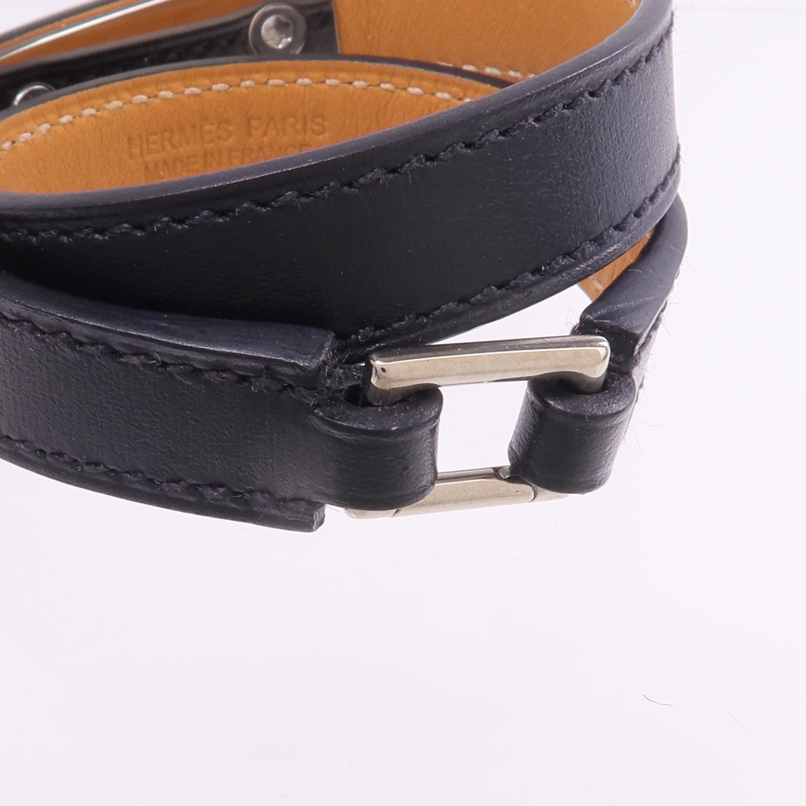 HERMES Chamonix皮革Rivale Double Tour Bracelet銀扣手帶Noir