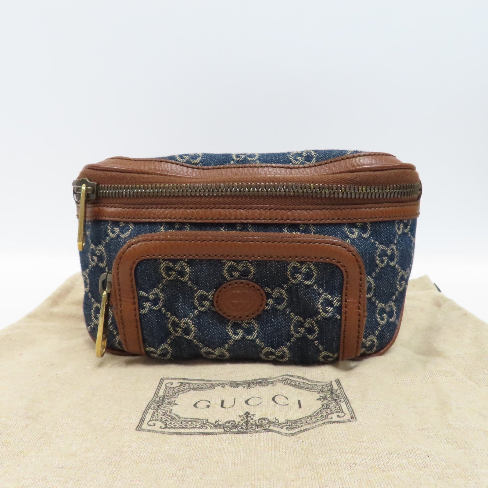 GUCCI 帆布/牛皮皮革Waist Bag金扣腰包藍色/啡色