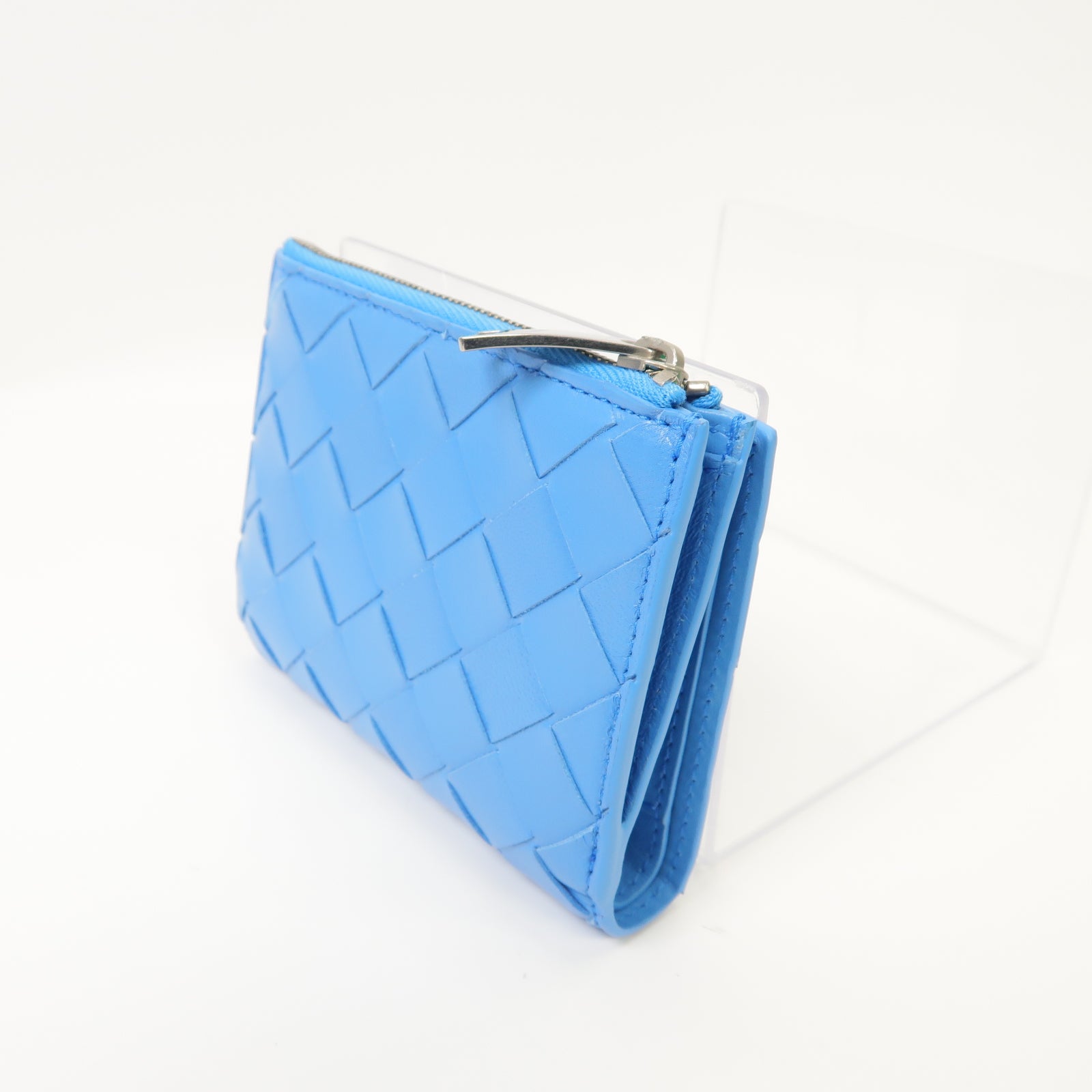 BOTTEGA VENETA 【激減優惠】織紋皮革Wallet銀扣錢包淺藍色