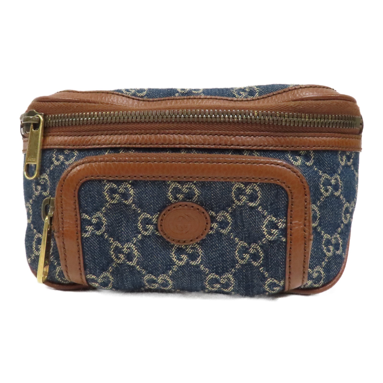 GUCCI 帆布/牛皮皮革Waist Bag金扣腰包藍色/啡色