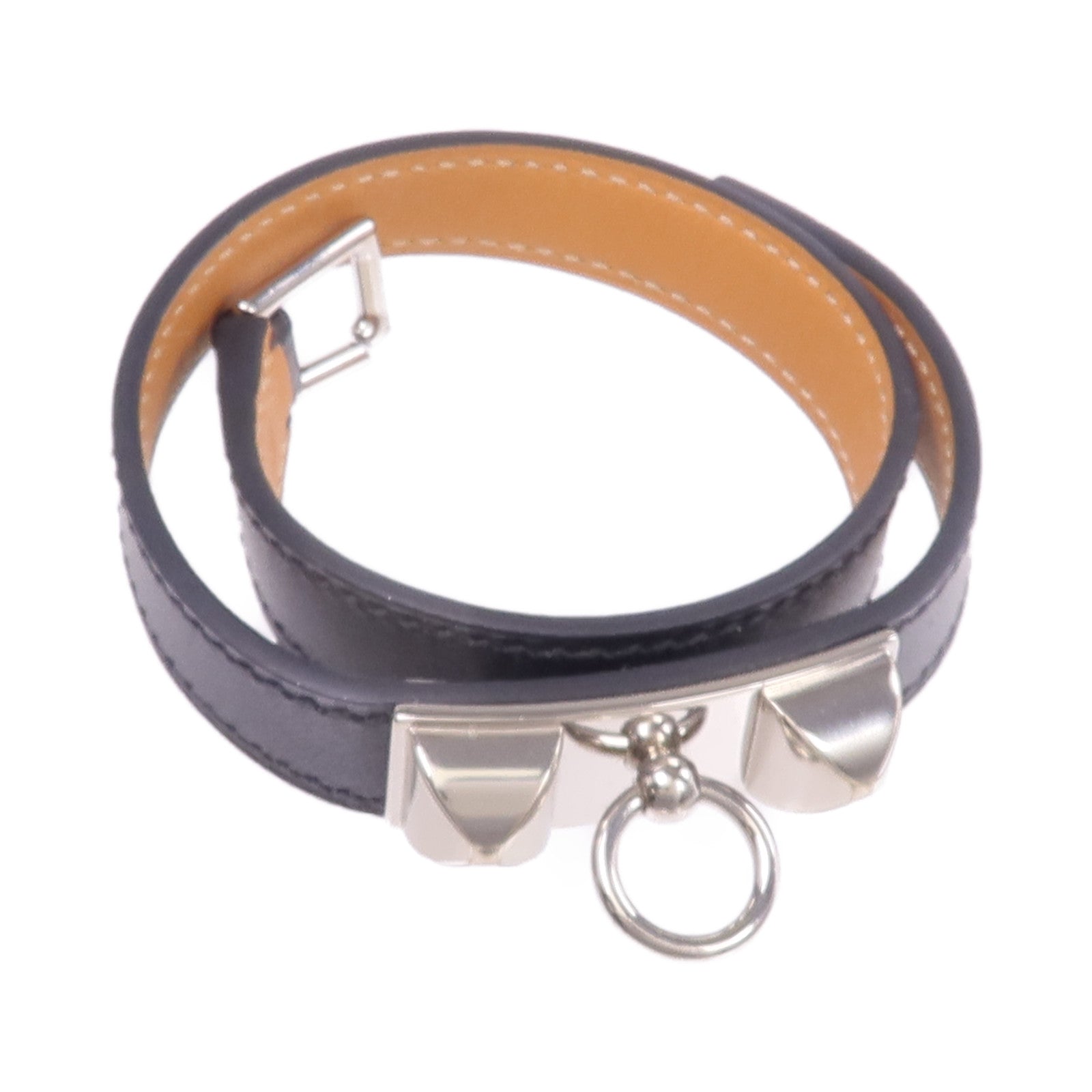 HERMES Chamonix皮革Rivale Double Tour Bracelet銀扣手帶Noir