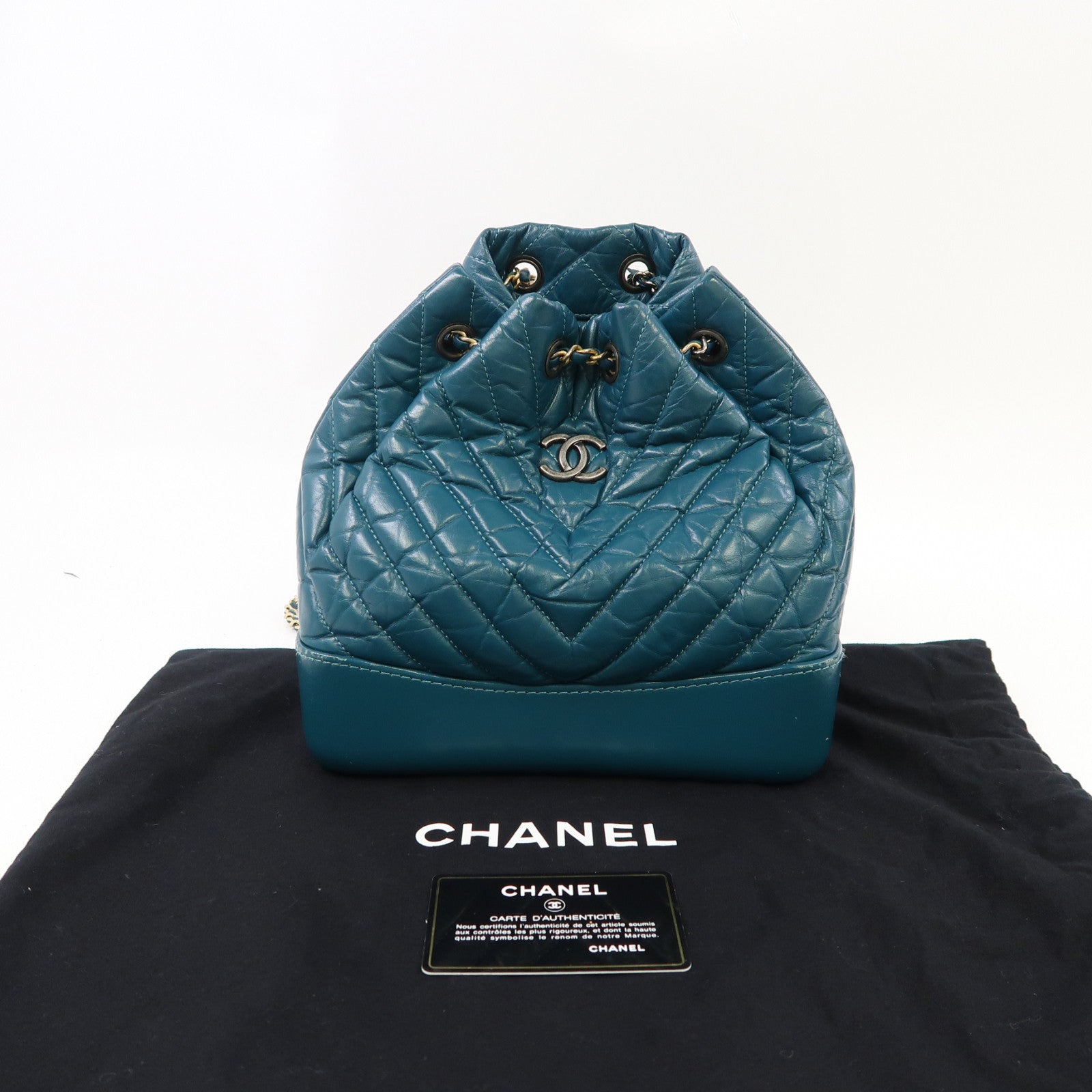 CHANEL 【激減優惠】斜紋羊皮皮革Gabrielle Backpack金/銀扣背包綠色