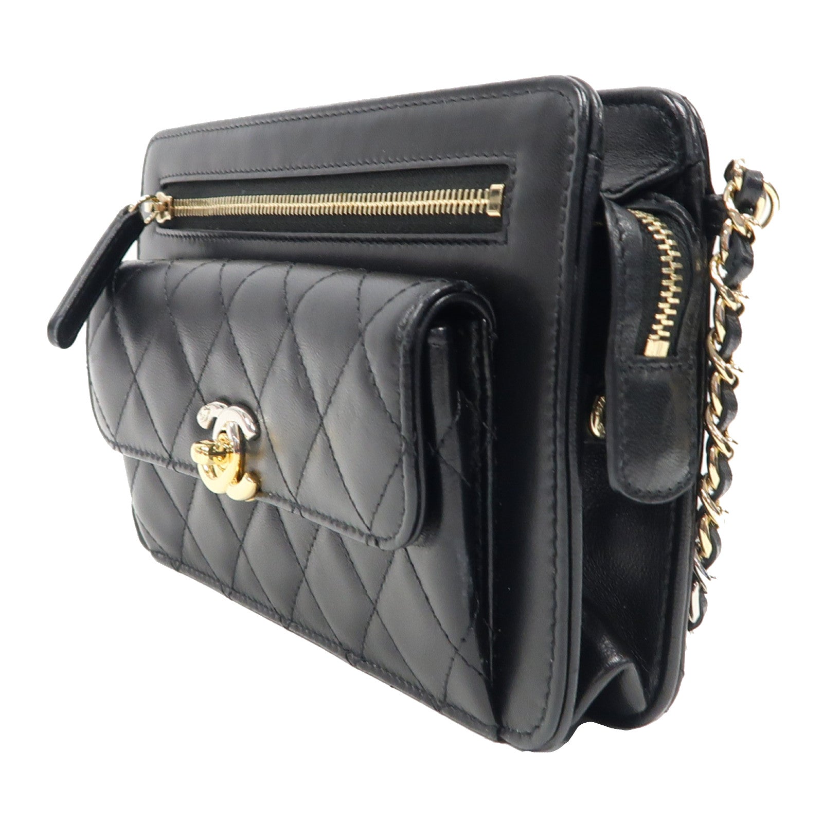 CHANEL 菱格羊皮皮革Waist Bag金扣腰包黑色