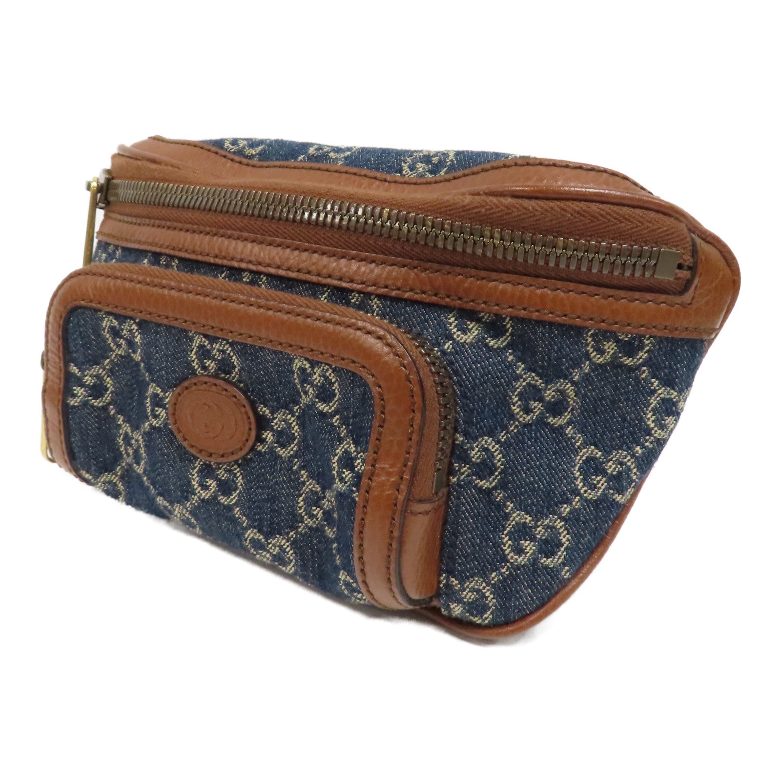 GUCCI 帆布/牛皮皮革Waist Bag金扣腰包藍色/啡色
