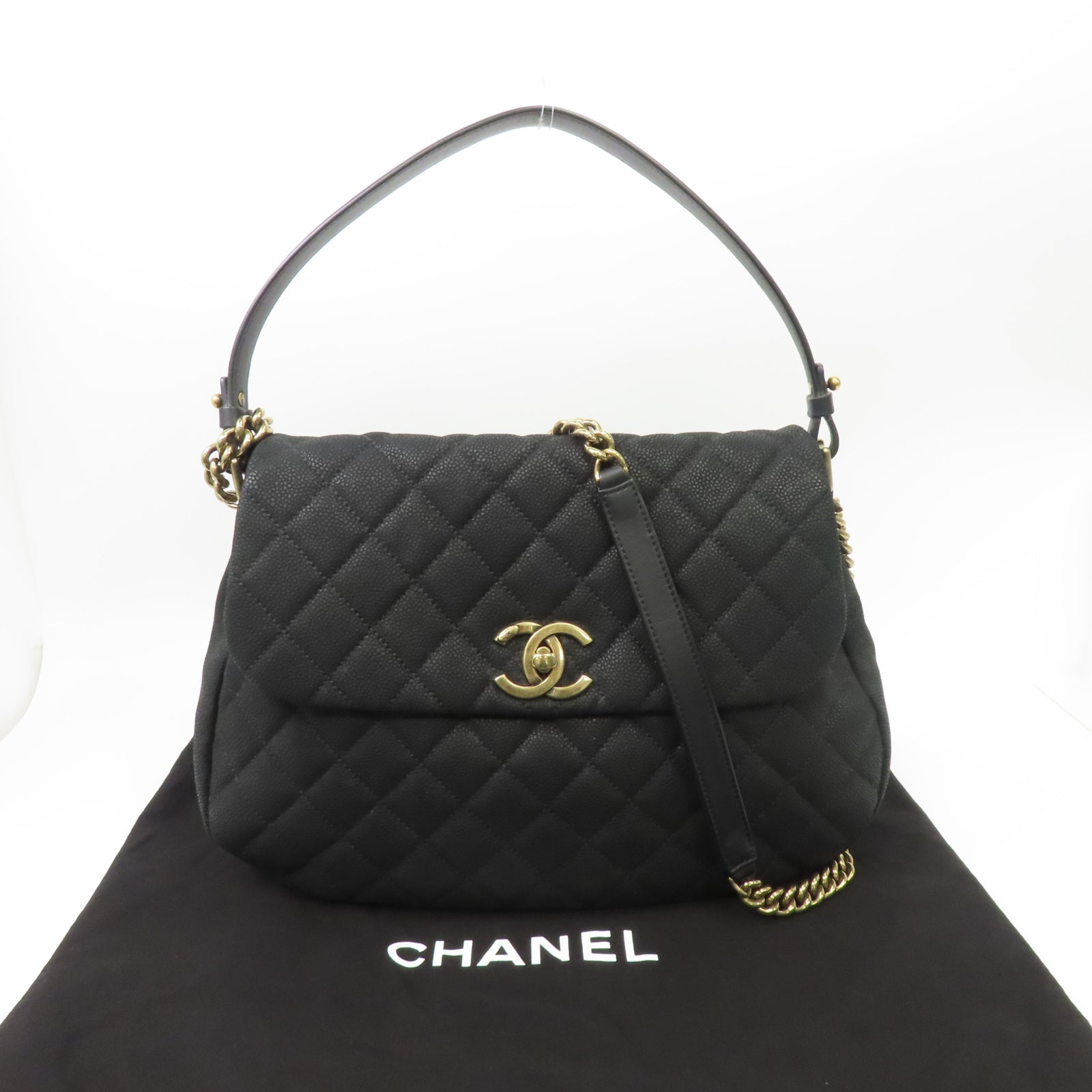 CHANEL 菱格牛皮皮革Chain Shoulder Bag金扣手挽肩背兩用袋黑色