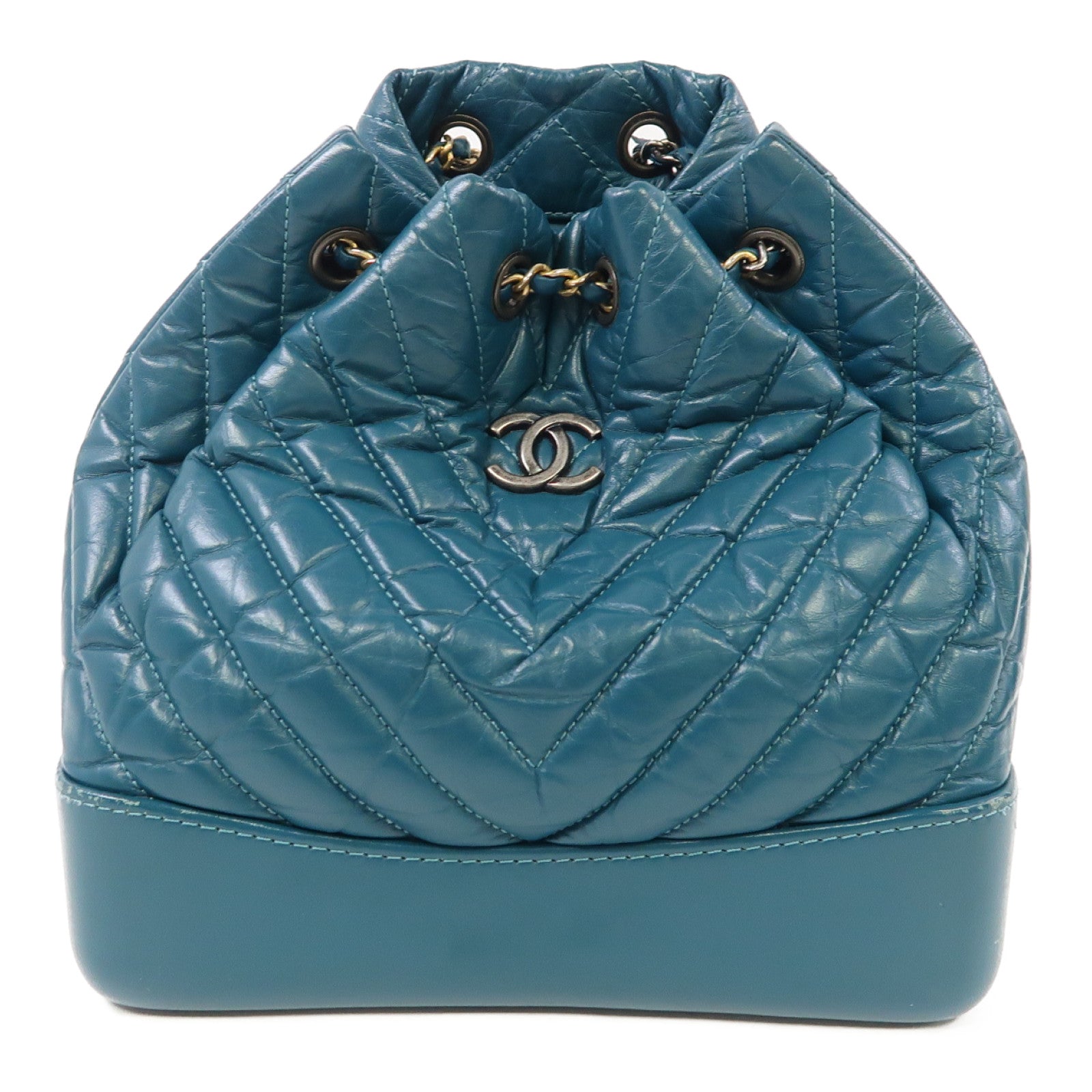 CHANEL 【激減優惠】斜紋羊皮皮革Gabrielle Backpack金/銀扣背包綠色