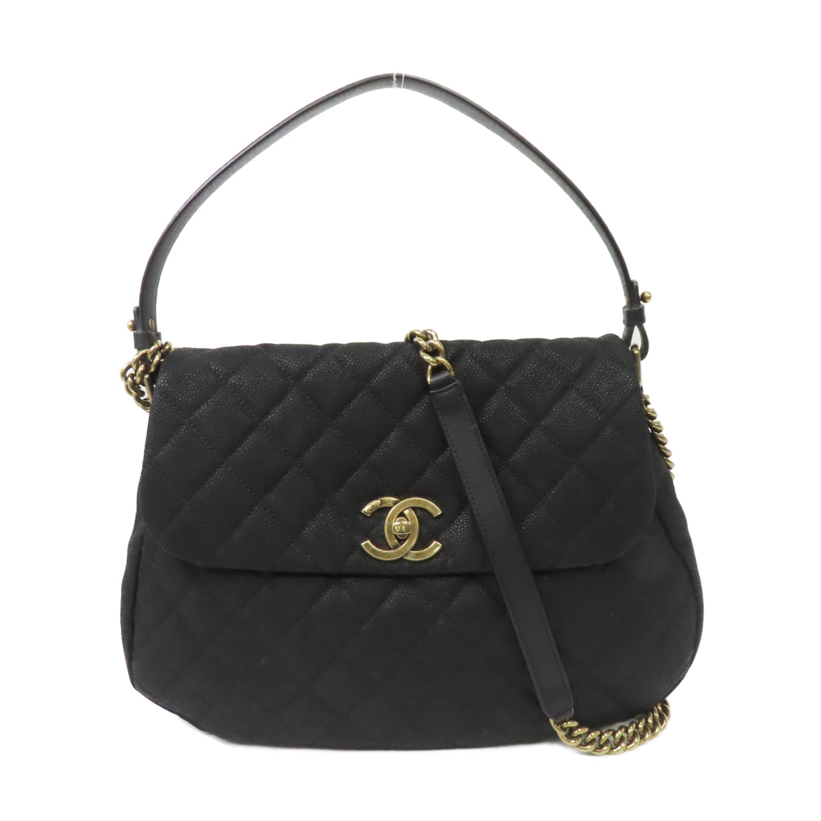 CHANEL 菱格牛皮皮革Chain Shoulder Bag金扣手挽肩背兩用袋黑色