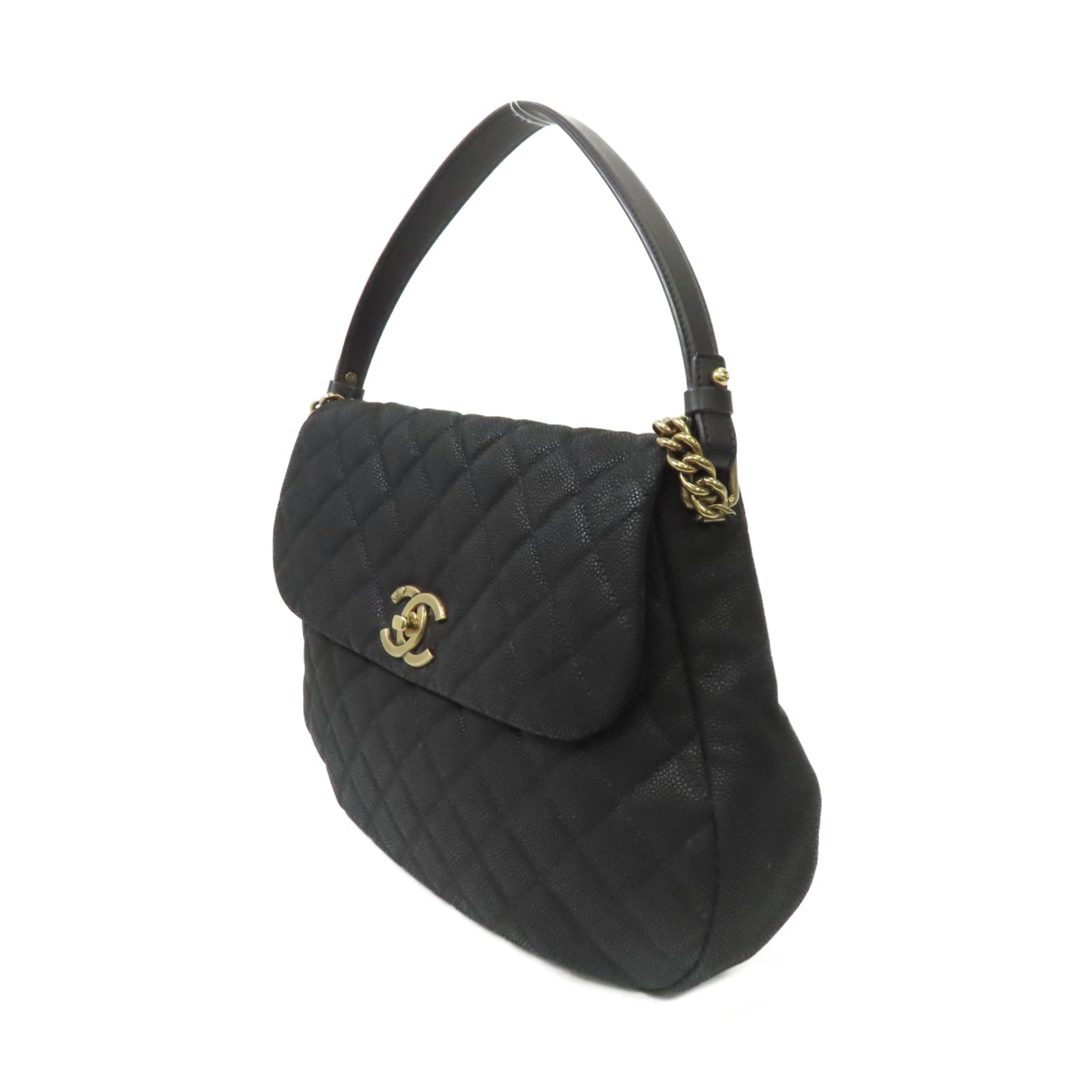 CHANEL 菱格牛皮皮革Chain Shoulder Bag金扣手挽肩背兩用袋黑色
