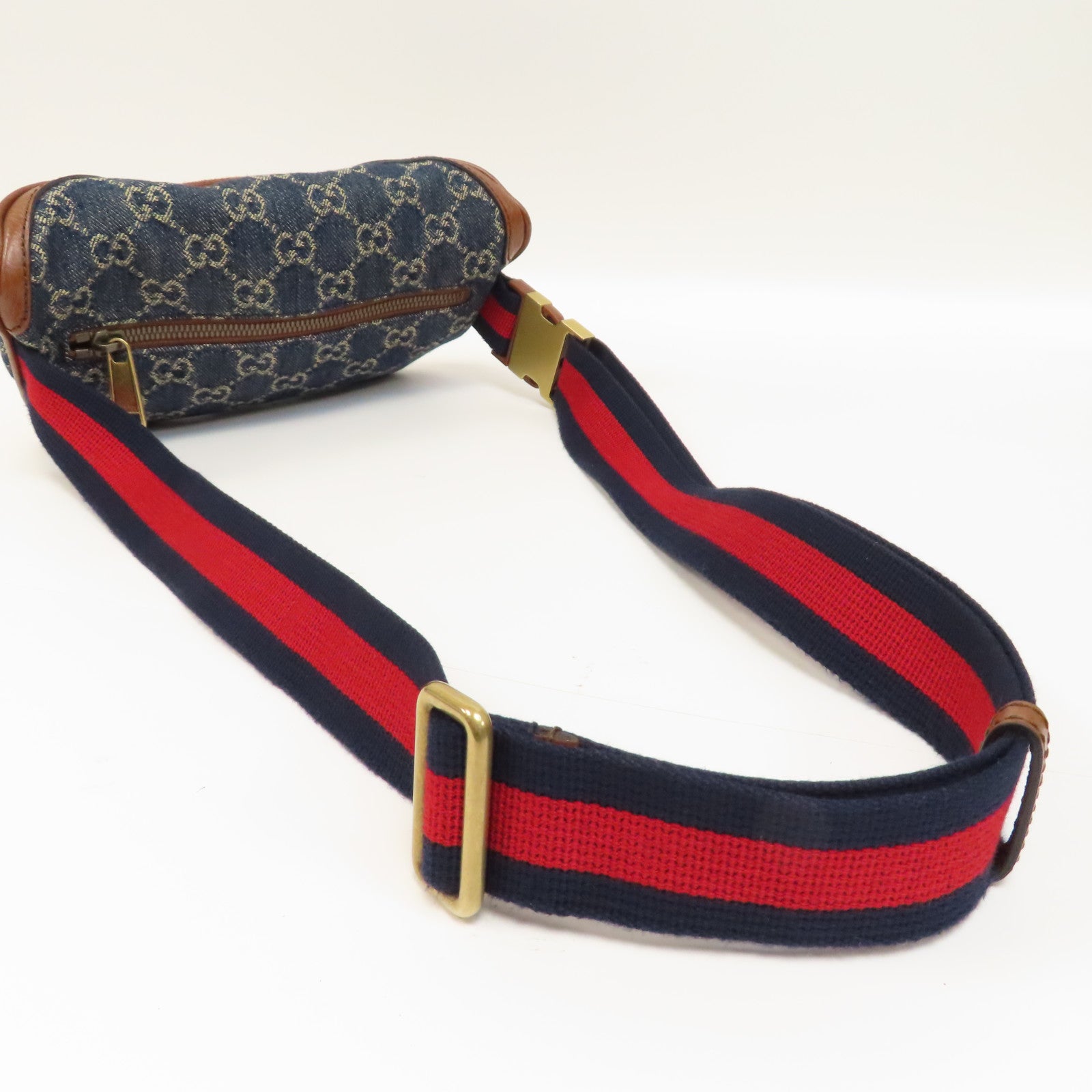 GUCCI 帆布/牛皮皮革Waist Bag金扣腰包藍色/啡色