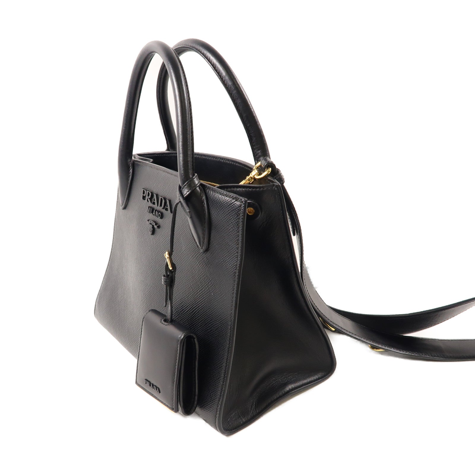 PRADA 牛皮皮革2 Way Shoulder Bag金扣手挽肩背兩用袋黑色