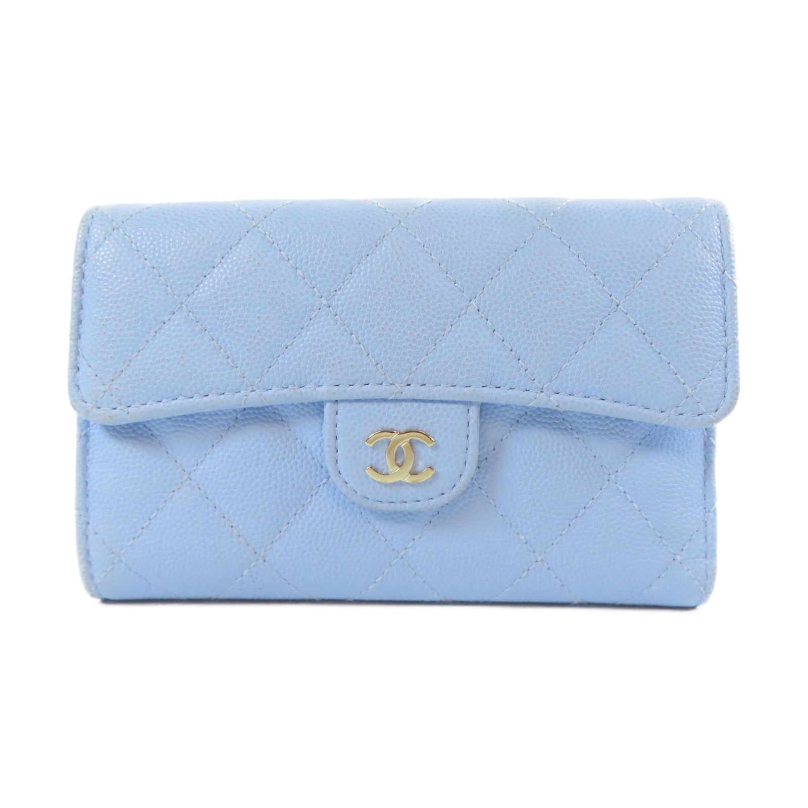 CHANEL 菱格Caviar皮革Classic Flap Medium Wallet金扣中長錢包藍色