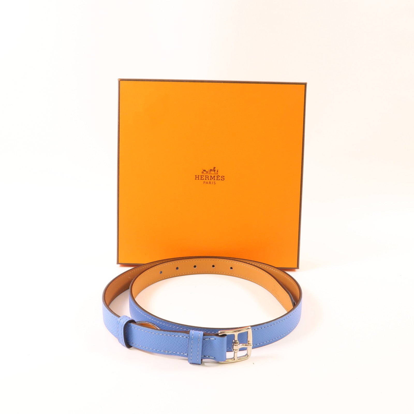 HERMES PHW Etriviere Leather Belt Epsom Leather Bleu Tempete