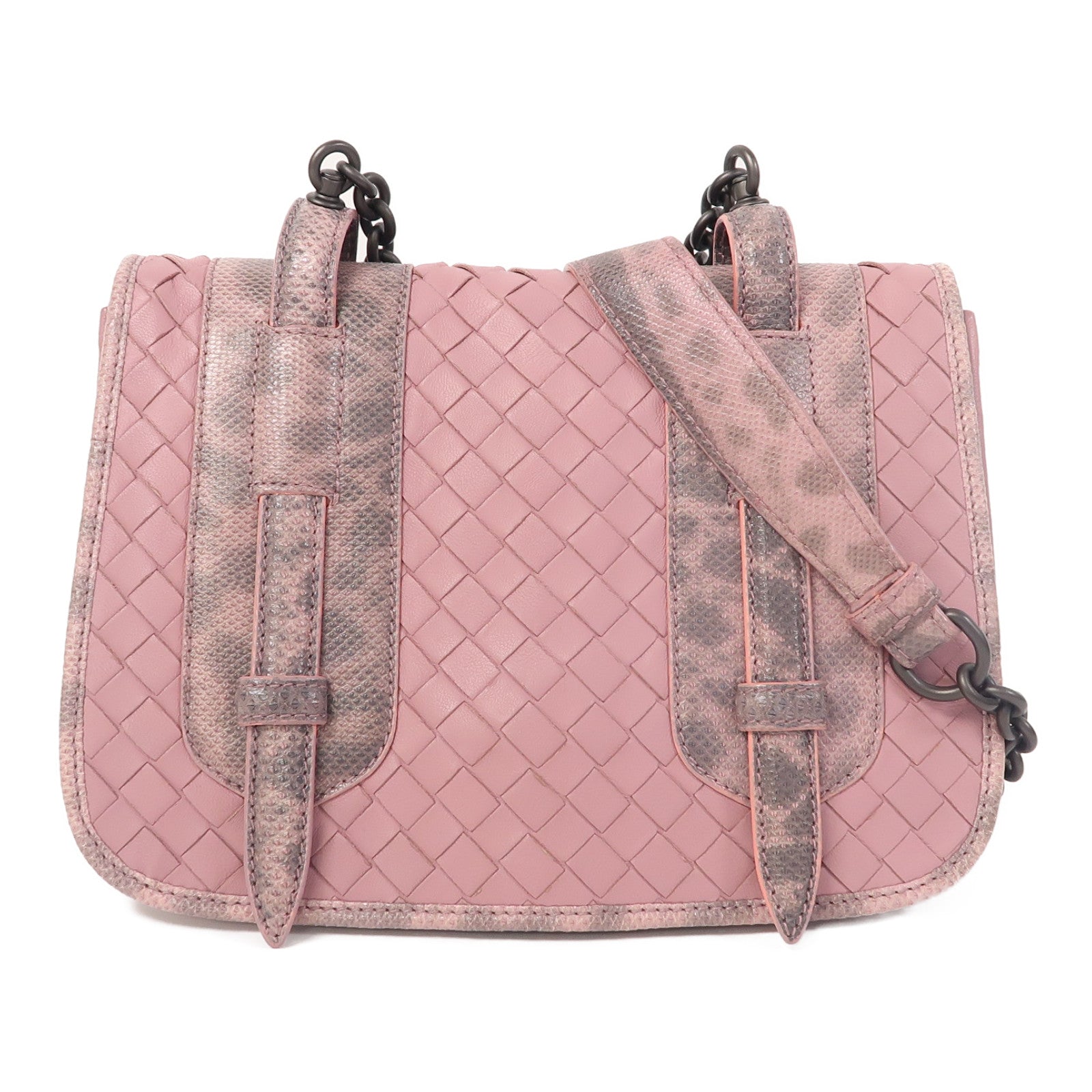 BOTTEGA VENETA 織紋羊皮皮革/蜥蝪皮革Shoulder Bag鏈帶肩背袋粉紅色