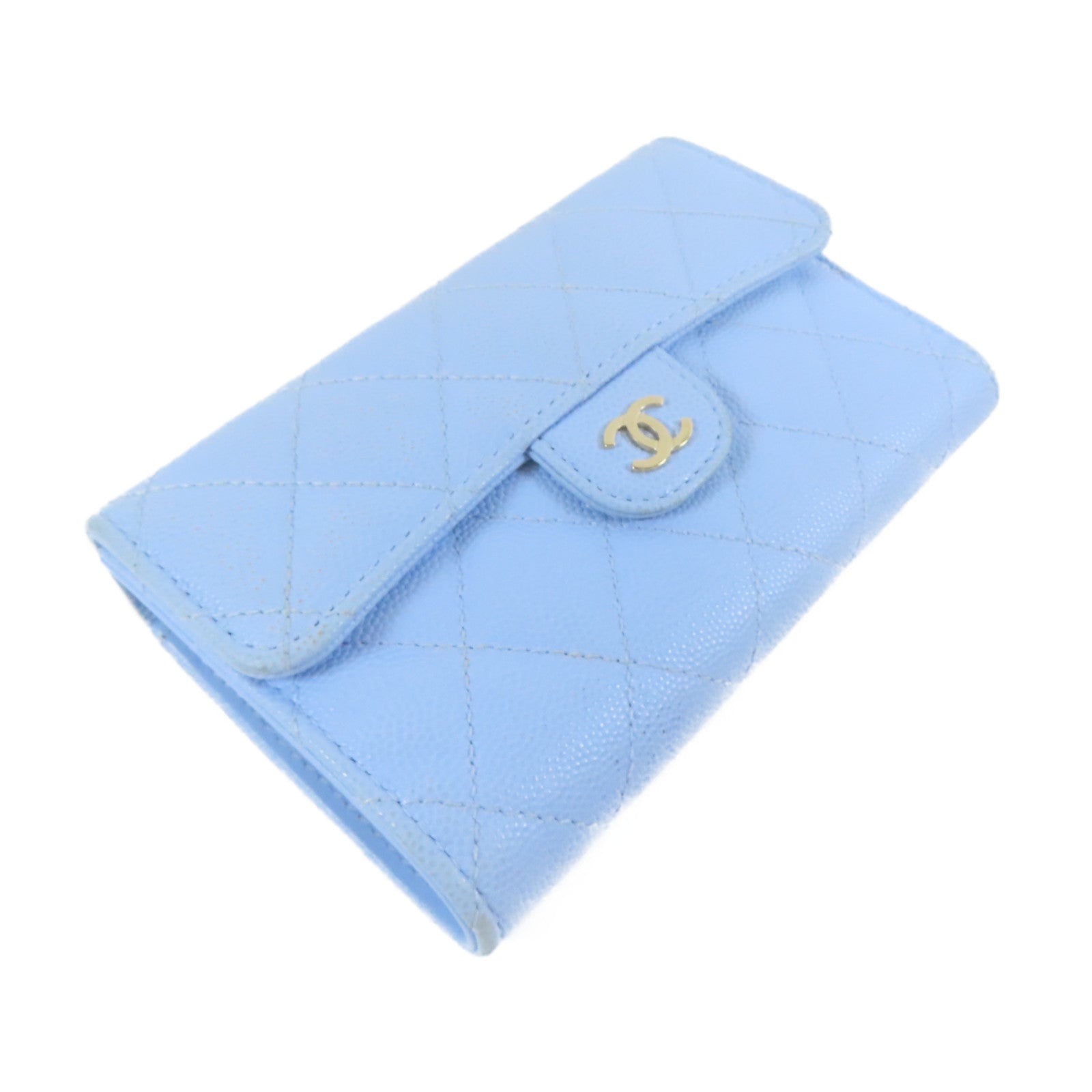 CHANEL 菱格Caviar皮革Classic Flap Medium Wallet金扣中長錢包藍色