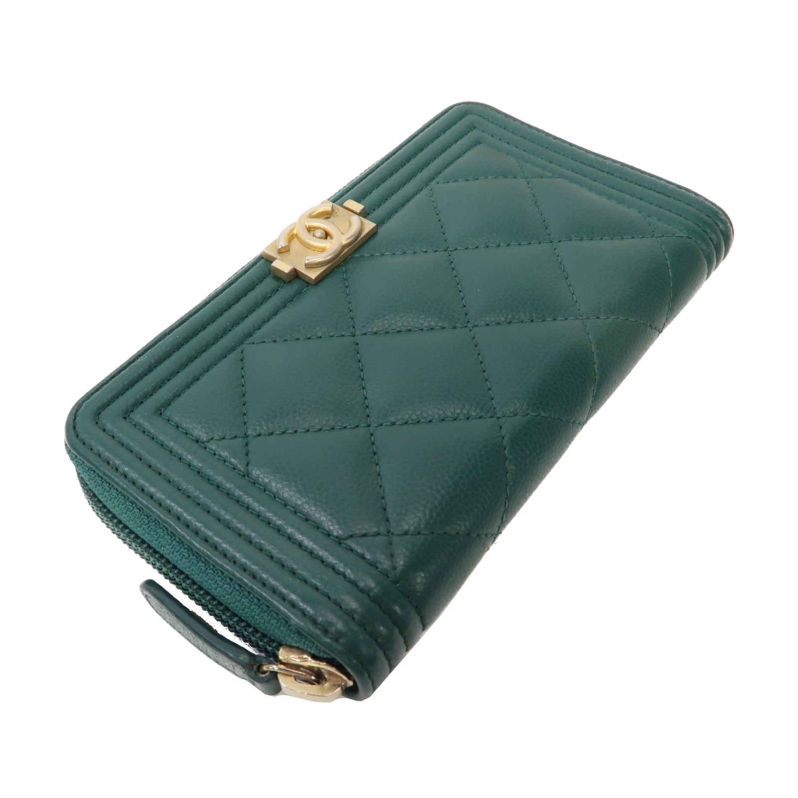 CHANEL 菱格牛皮皮革Boy Chanel Zip Wallet金扣中長錢包綠色
