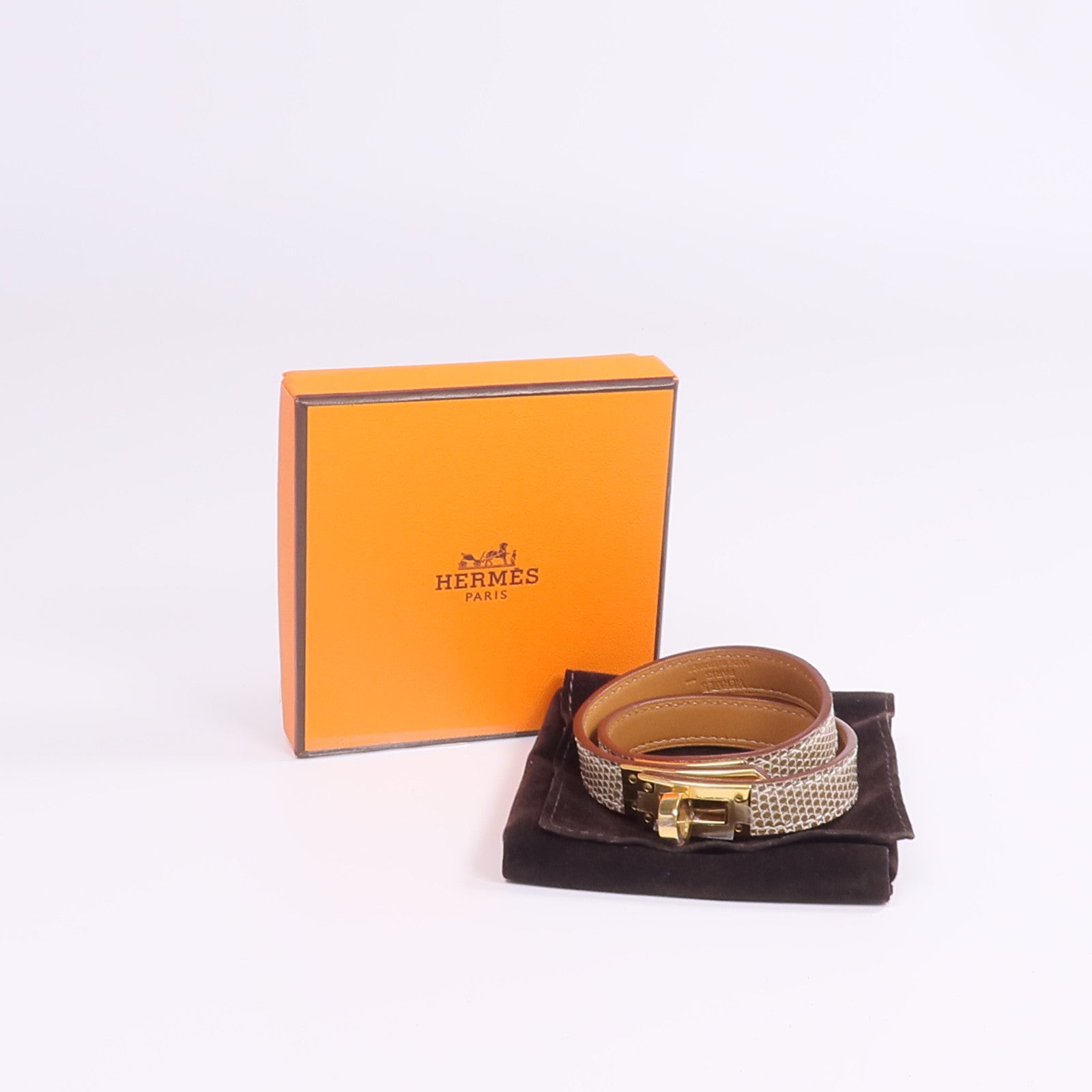 HERMES 【激減優惠】Lizard皮革Kelly Double Tour Bracelet金扣手帶