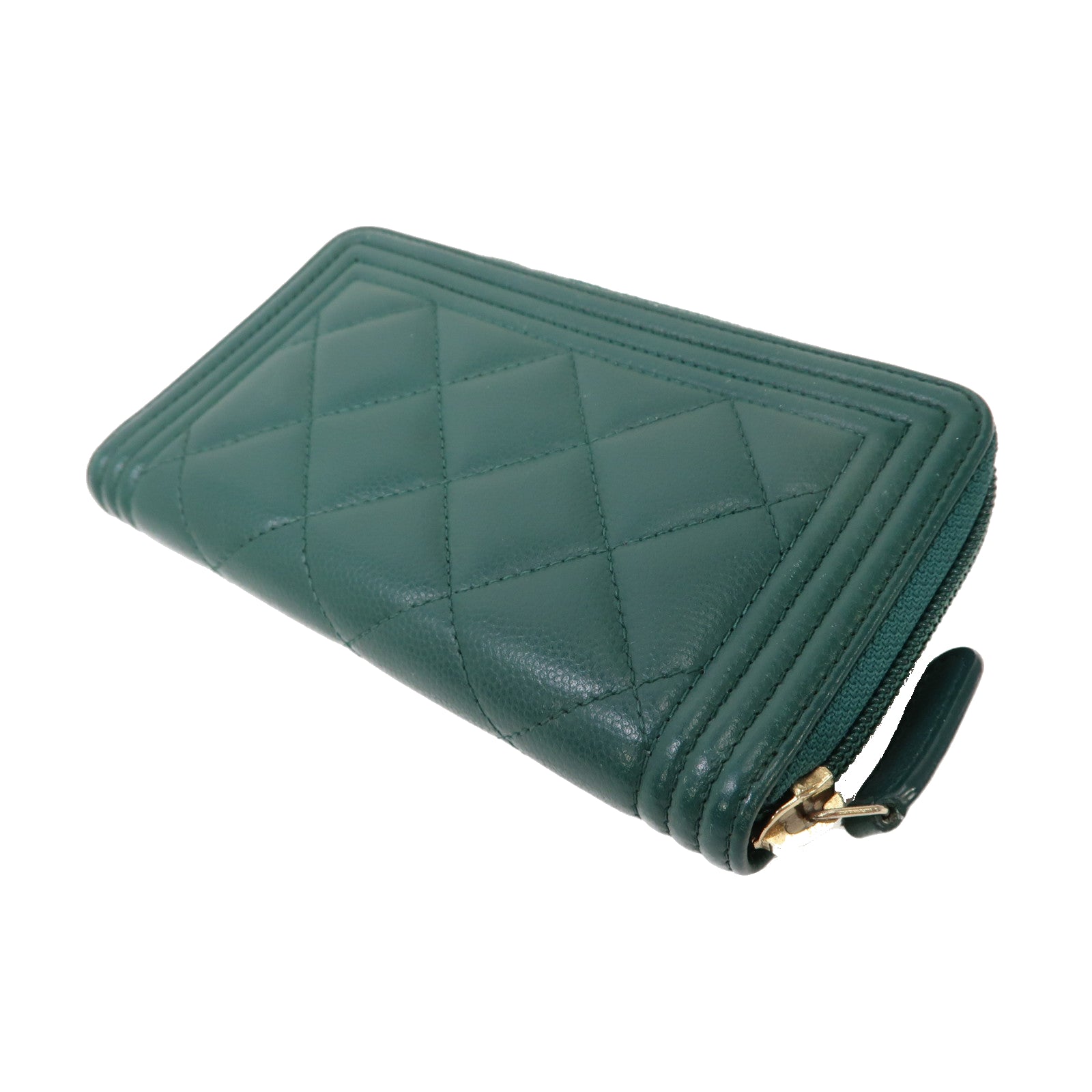 CHANEL 菱格牛皮皮革Boy Chanel Zip Wallet金扣中長錢包綠色