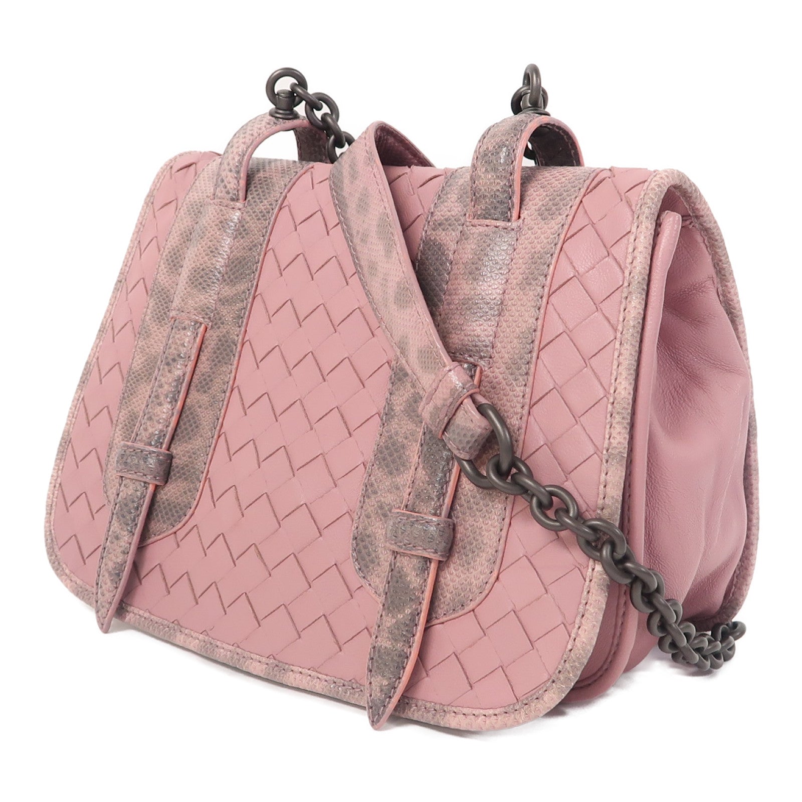 BOTTEGA VENETA 織紋羊皮皮革/蜥蝪皮革Shoulder Bag鏈帶肩背袋粉紅色