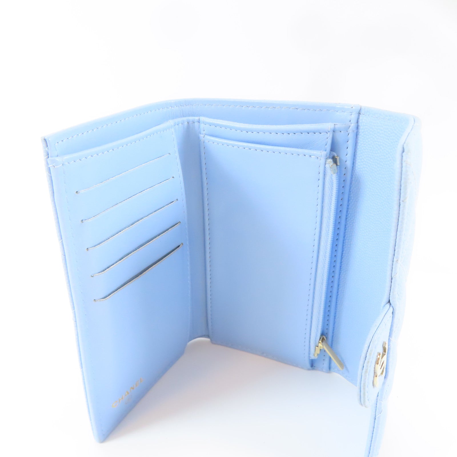 CHANEL 菱格Caviar皮革Classic Flap Medium Wallet金扣中長錢包藍色