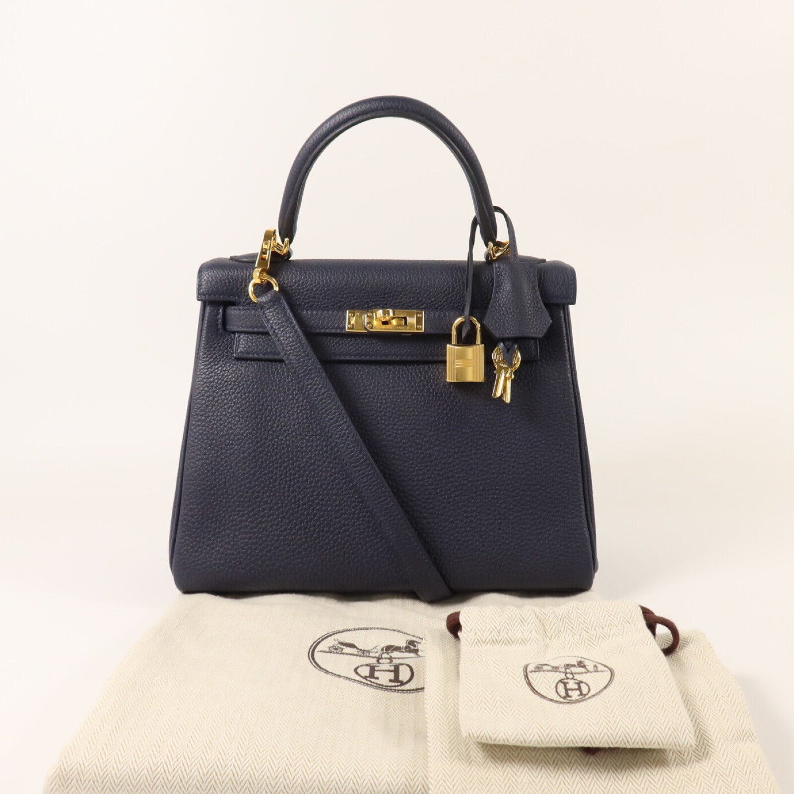 HERMES Togo皮革Kelly 25金扣手挽肩背兩用袋Blue Nuit