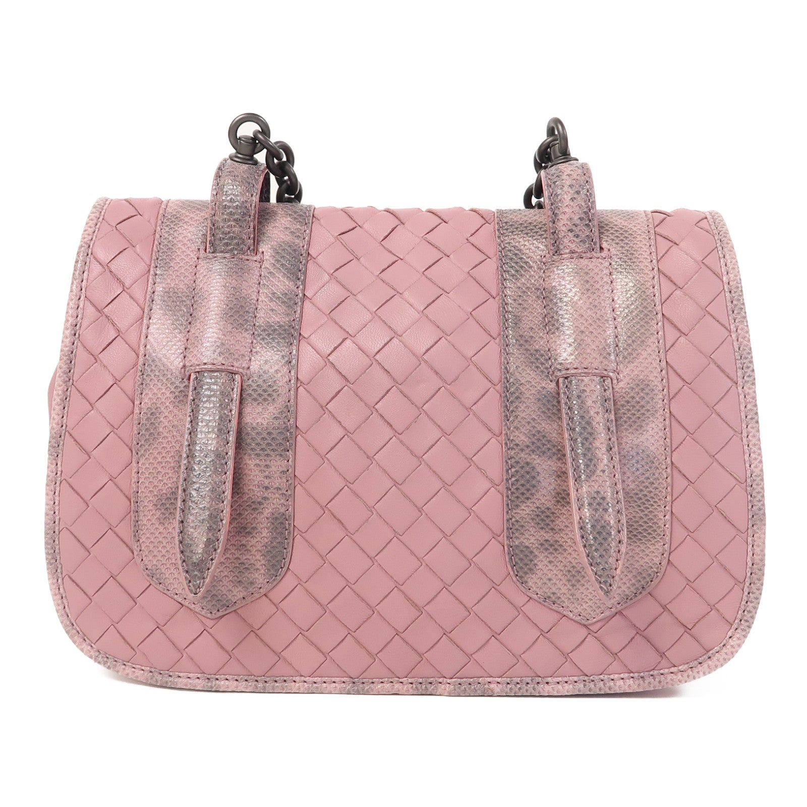 BOTTEGA VENETA 織紋羊皮皮革/蜥蝪皮革Shoulder Bag鏈帶肩背袋粉紅色