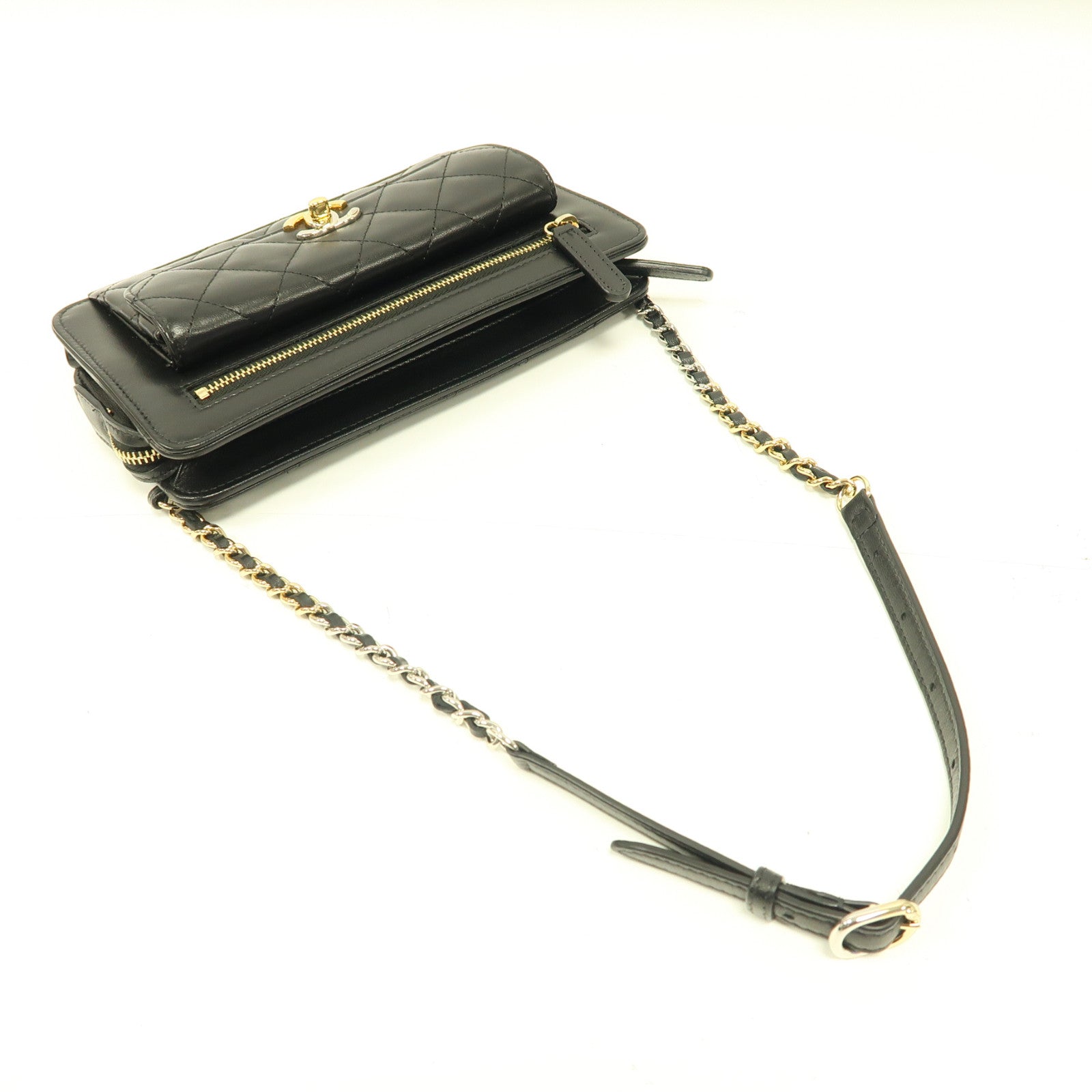 CHANEL 菱格羊皮皮革Waist Bag金扣腰包黑色