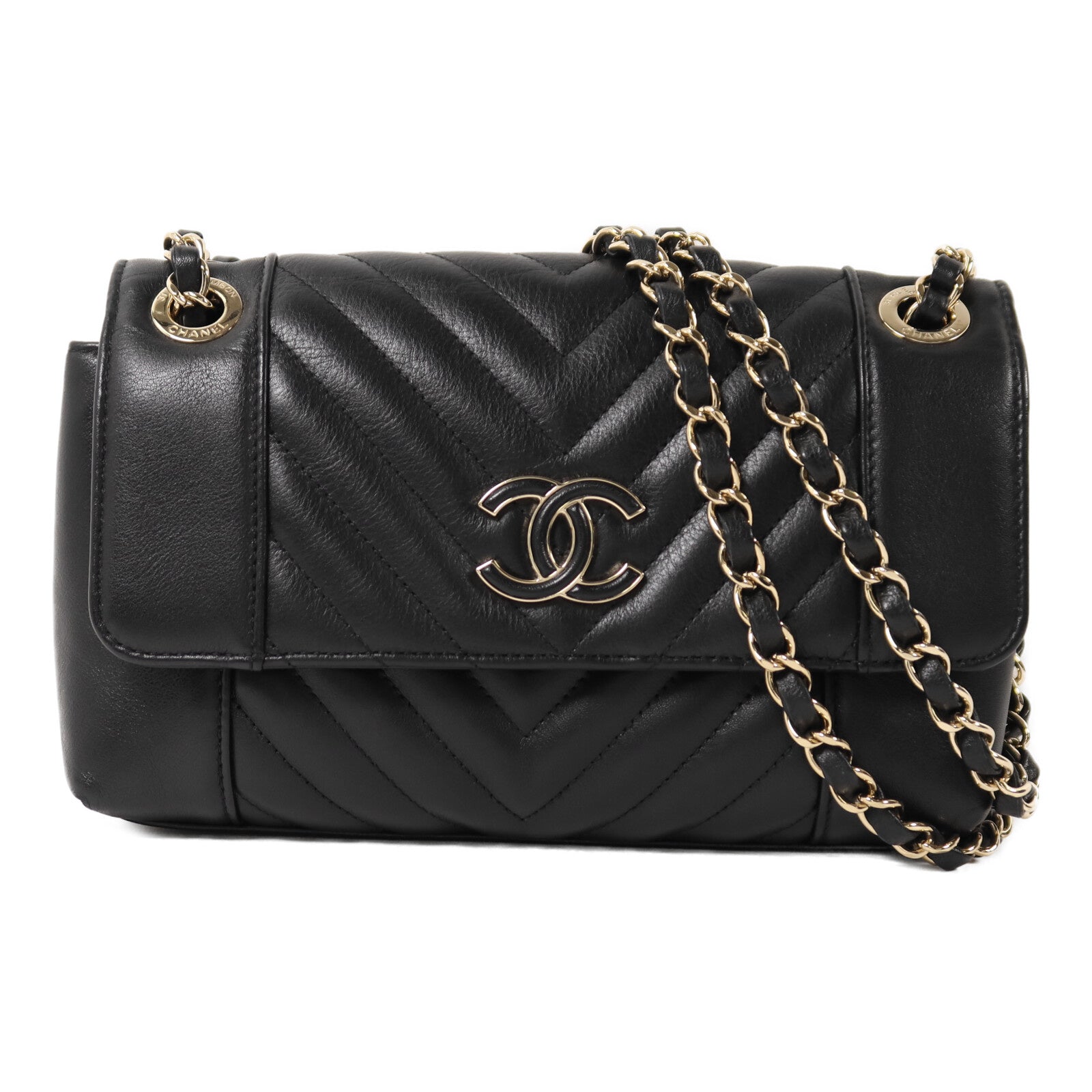 CHANEL 牛皮皮革Shoulder Bag金扣鏈帶肩背袋