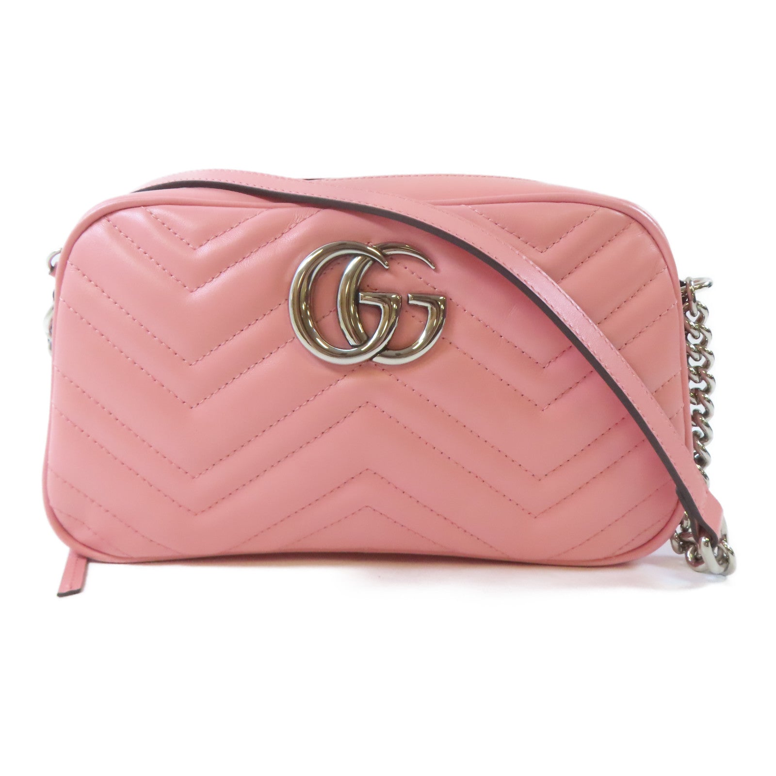GUCCI 牛皮皮革GG Marmont銀扣肩背袋粉紅色