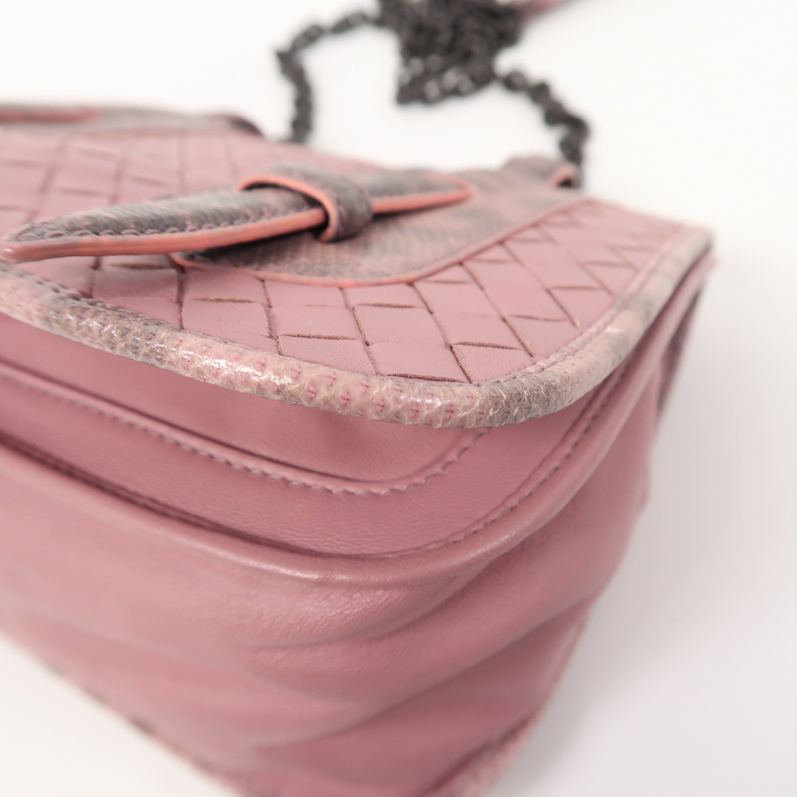 BOTTEGA VENETA 織紋羊皮皮革/蜥蝪皮革Shoulder Bag鏈帶肩背袋粉紅色