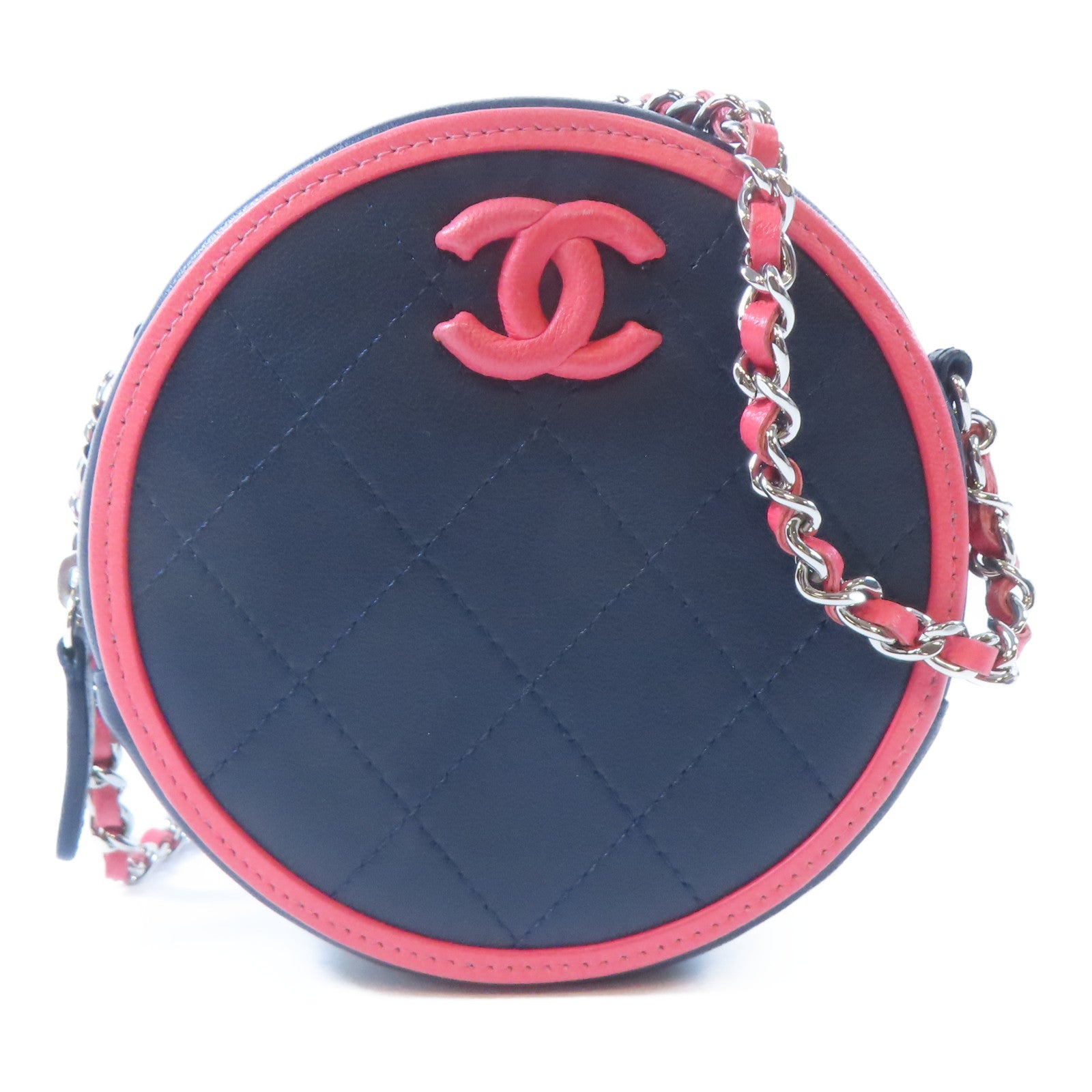 CHANEL 【激減優惠】菱格羊皮皮革Chain Shoulder銀扣鏈帶肩背袋深藍色/粉紅色