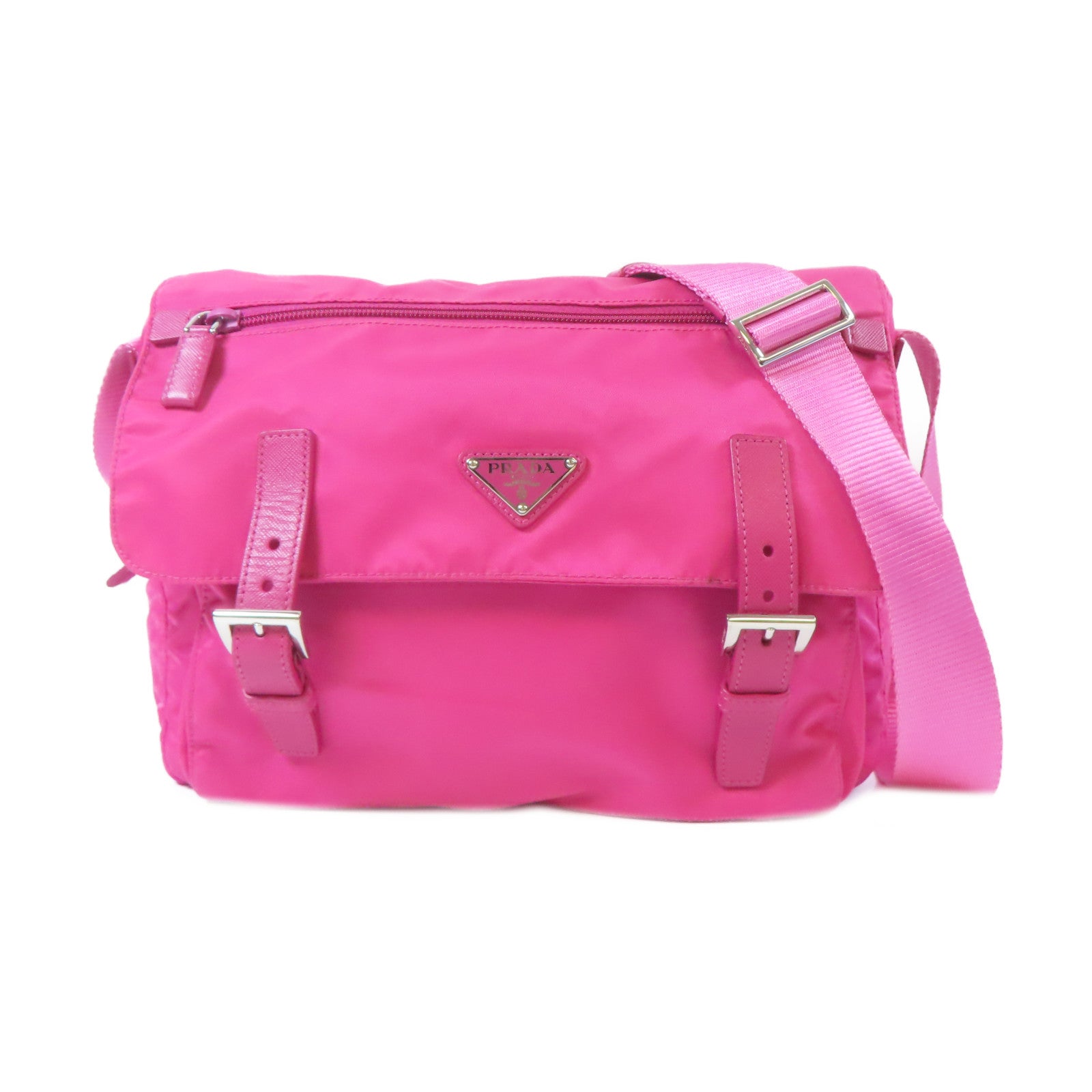 PRADA 尼龍Messenger Bag銀扣肩背袋粉紅色