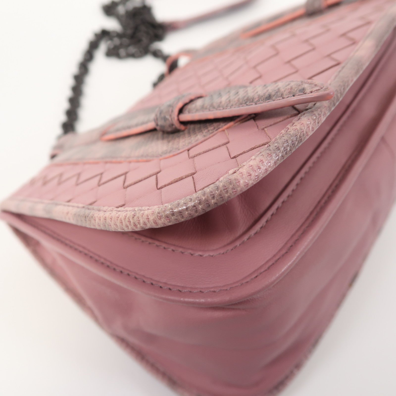 BOTTEGA VENETA 織紋羊皮皮革/蜥蝪皮革Shoulder Bag鏈帶肩背袋粉紅色