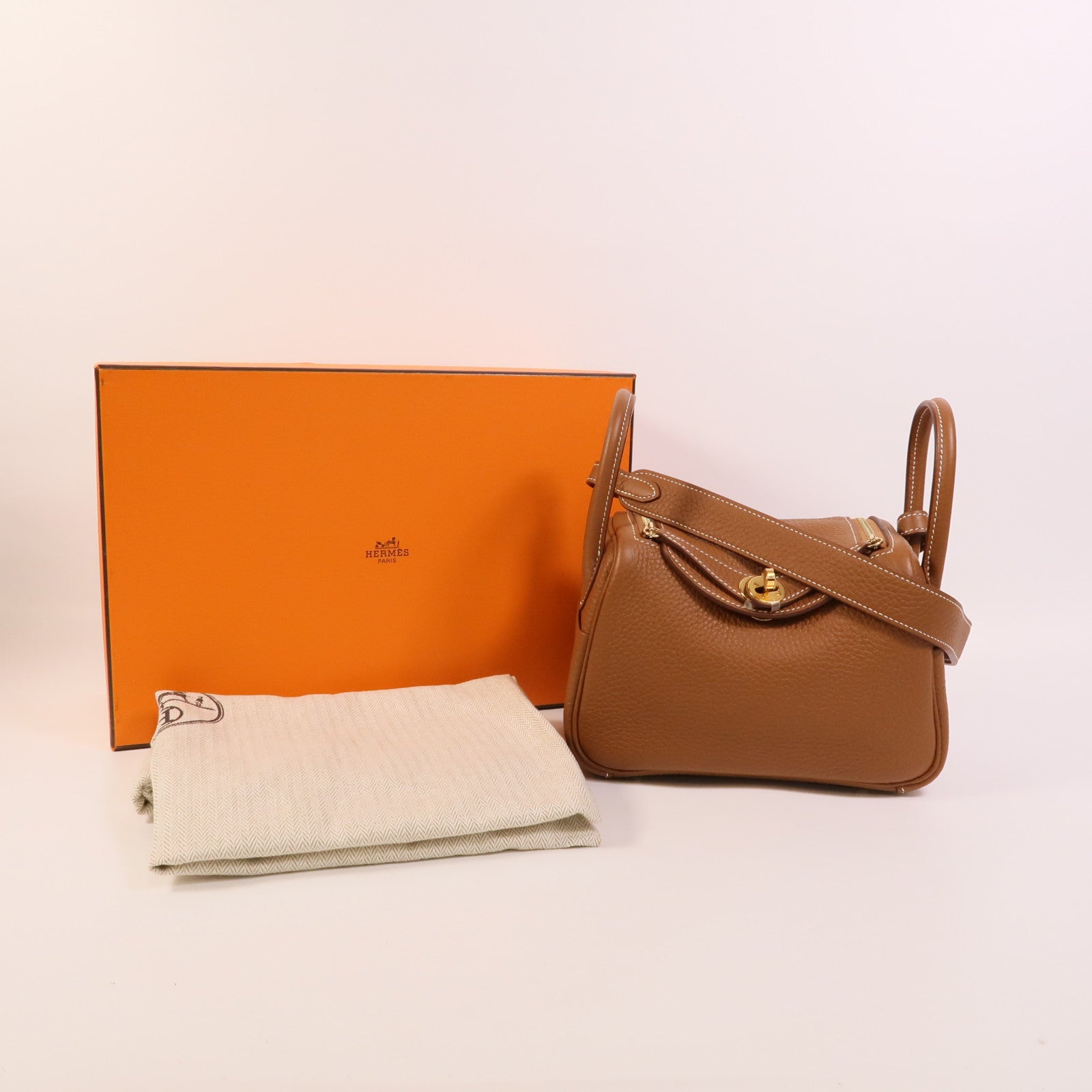 HERMES Clemence皮革Mini Lindy金扣手挽肩背兩用袋Gold